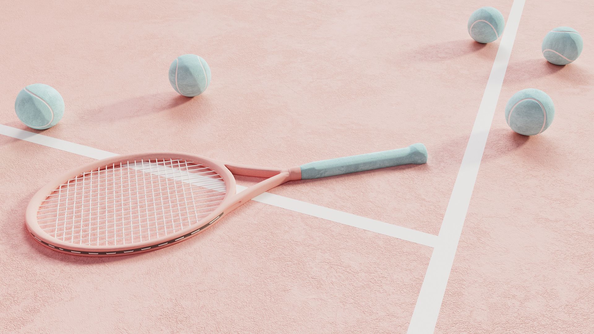 Tennisschläger, Tennisbälle, Rosa Platz, Pastell, 3D-Rendering, Full-HD-Hintergrundbild für PC