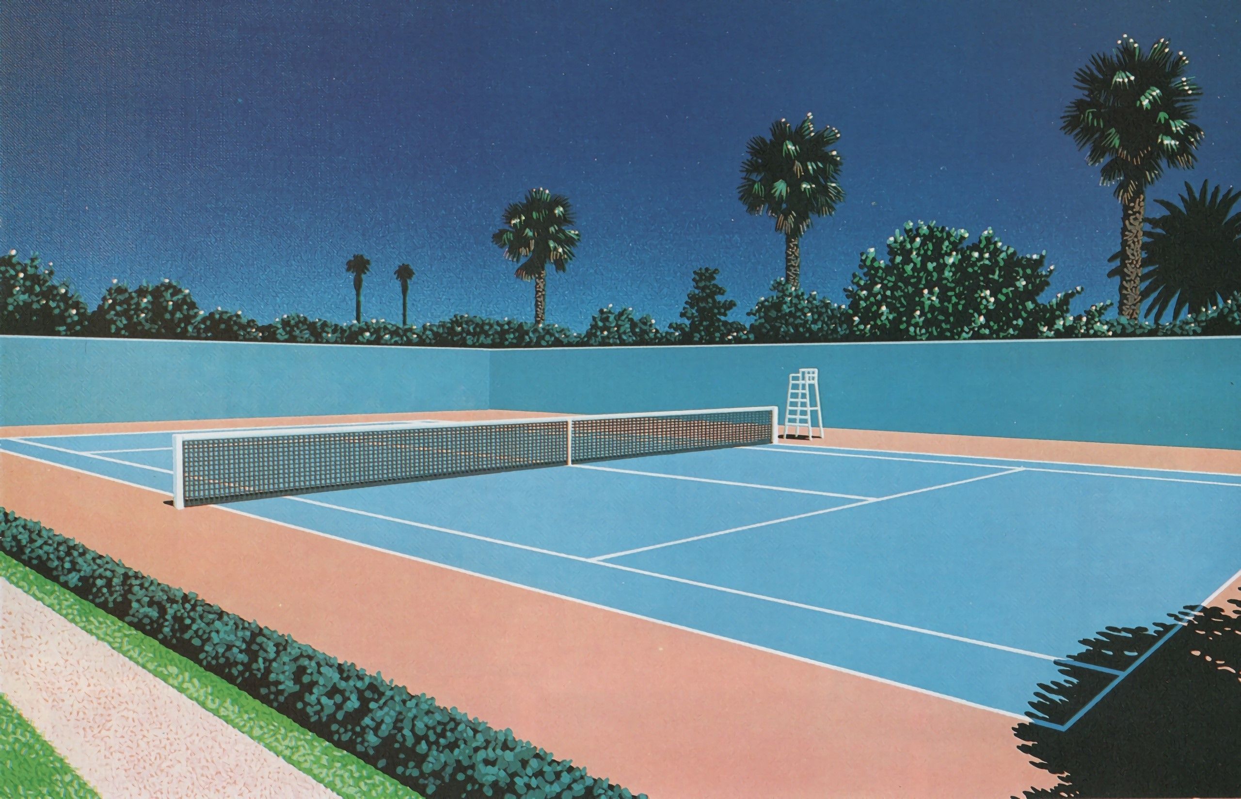 Tennisplatz, Palmen, Nacht, Retro-Illustration, Blauer Platz, 2K-Hintergrundbild für PC