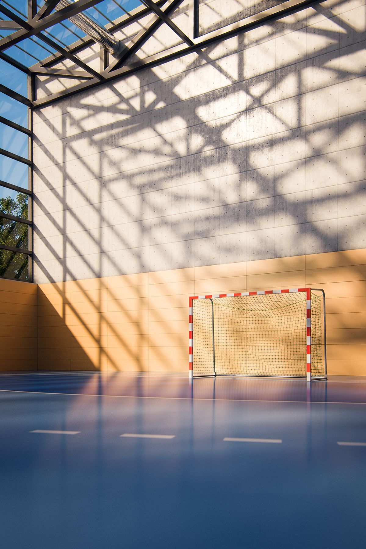 Sporthalle, Handballtor, Sonnenlicht, Schatten, Blauer Boden, Hintergrundbild fürs Handy