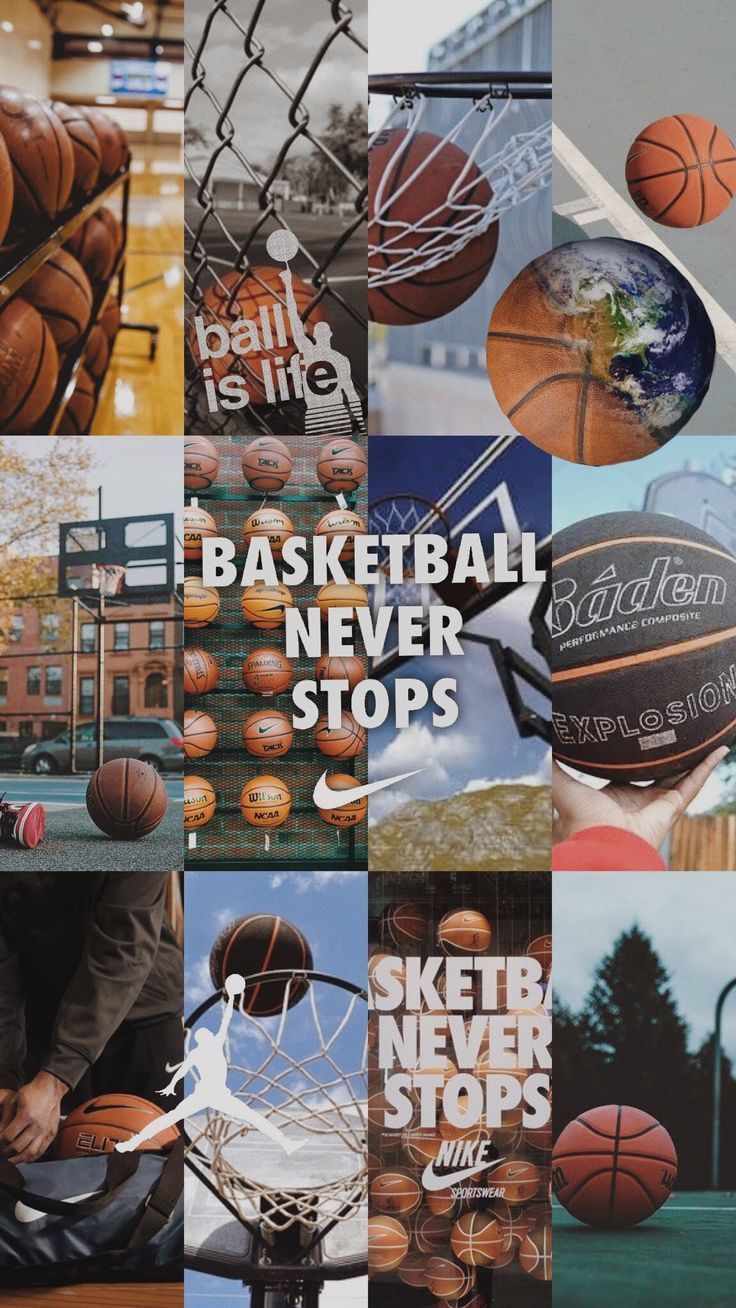 Collage, Basketball Never Stops, Nike, Ästhetik, Bälle, HD, Handy-Hintergrund im Hochformat