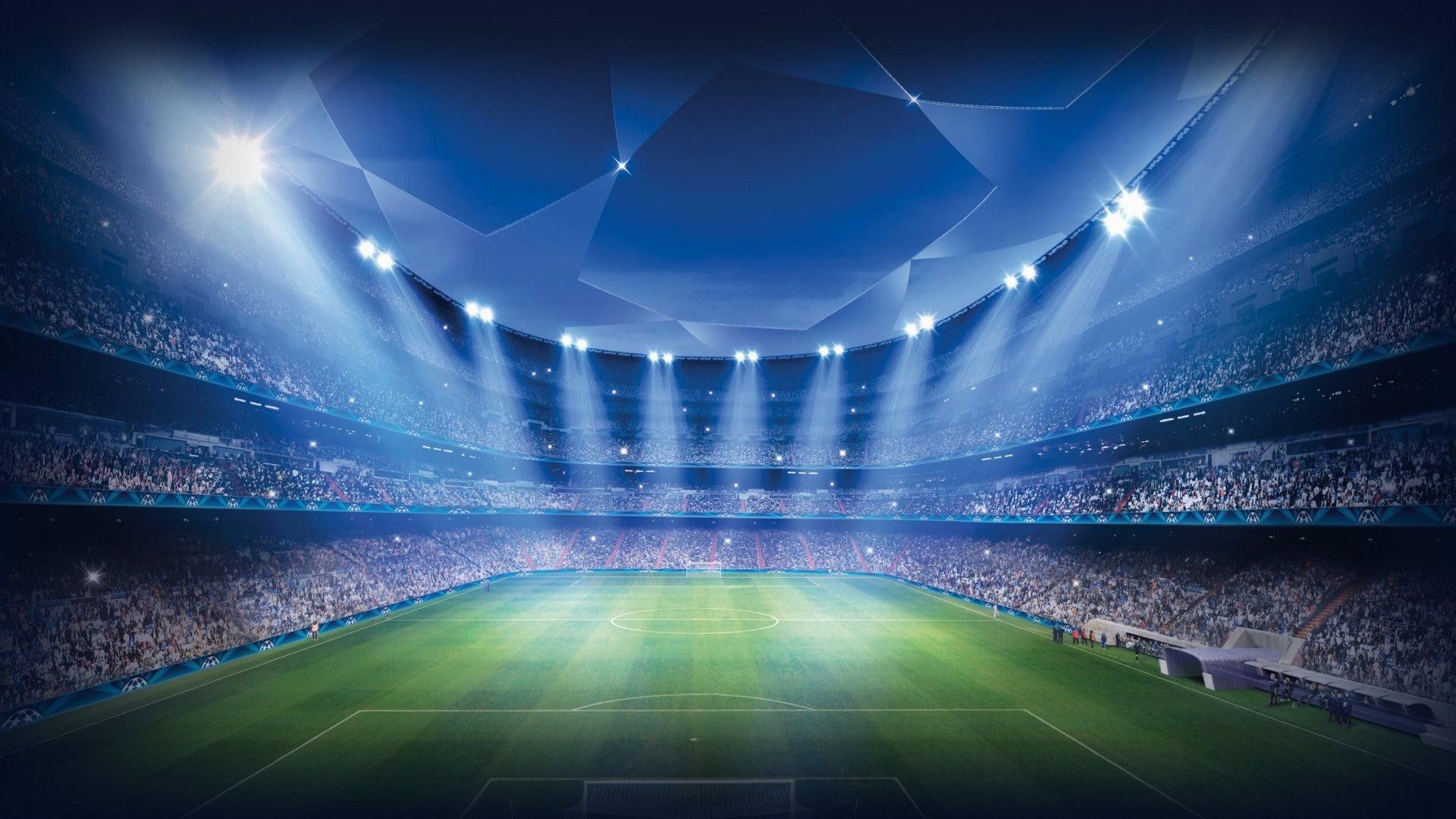 Fußballstadion, Flutlicht, Spielfeld, Blaues Licht, Champions League, 1920x1080, PC-Hintergrundbild