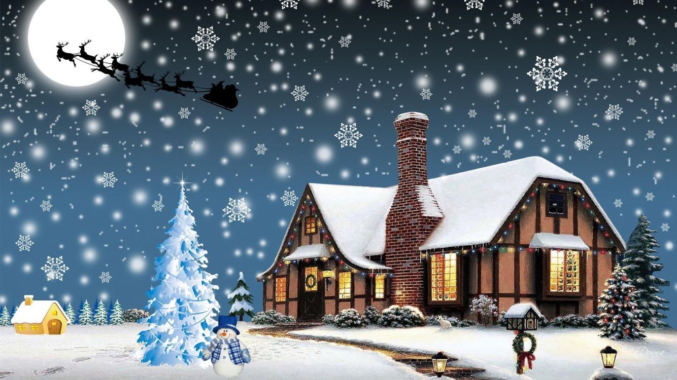 Weihnachtsmann, Rentierschlitten, Verschneites Haus, Vollmond, Schneeflocken, Illustration, HD-PC-Hintergrundbild