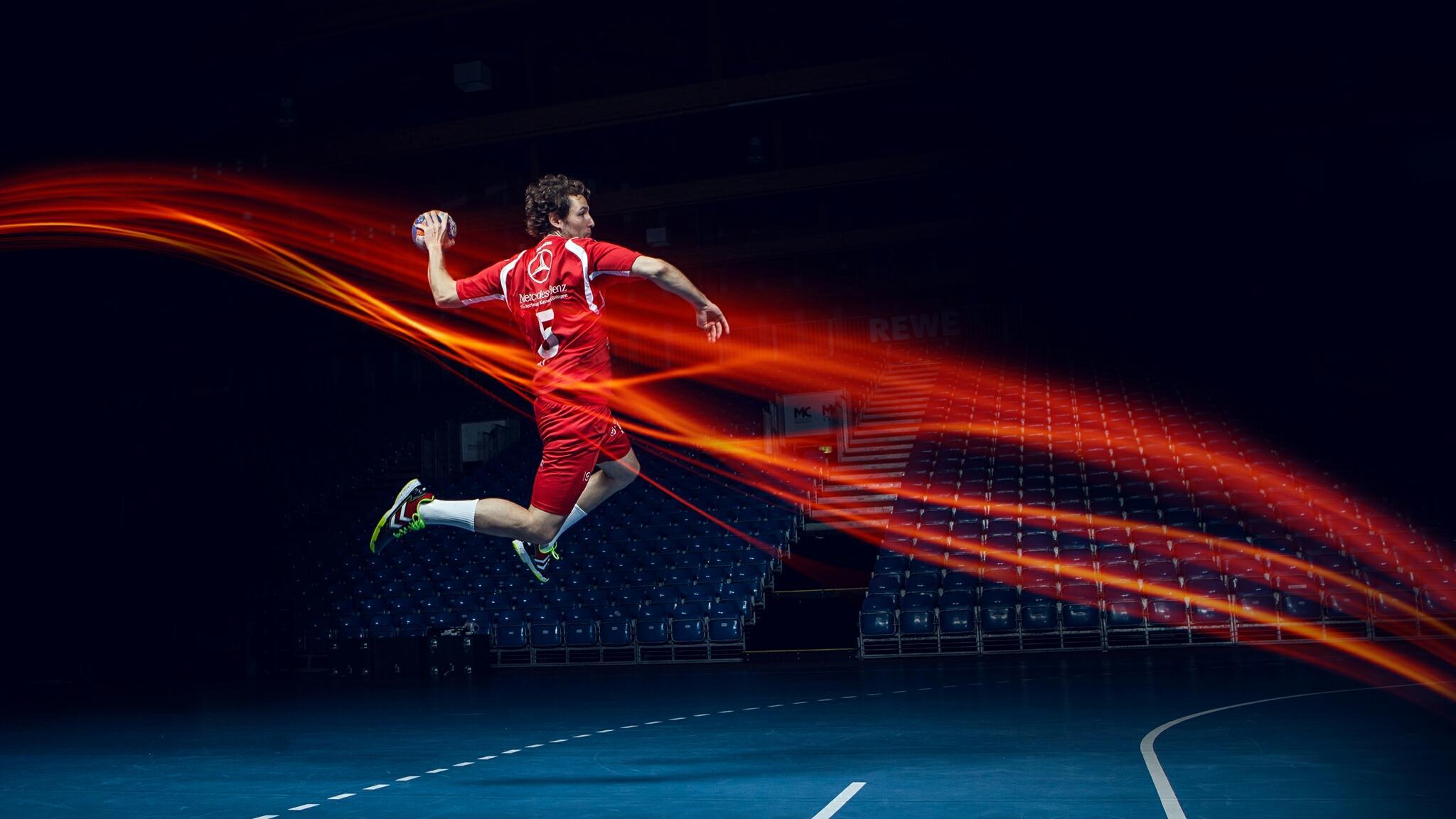 Handballspieler, Sprungwurf, Lichtspuren, Rot, Dunkelblau, Full HD, Laptop-Hintergrundbild