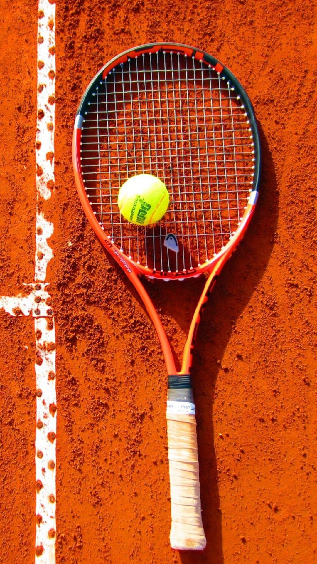 Tennisschläger, Tennisball, Sandplatz, Draufsicht, Orange, Full HD, iPhone-Hintergrundbild