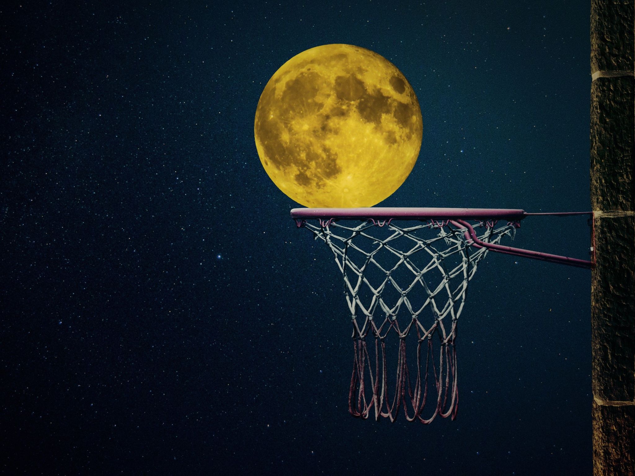 Mond als Basketball, Basketballkorb, Vollmond, Nachthimmel, Fotomontage, Full HD, Tablet-Hintergrund
