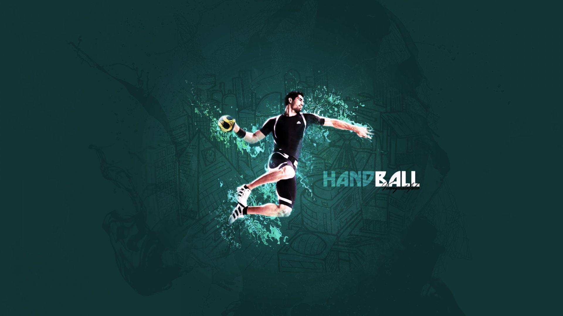 Handball, Handballspieler, Sprungwurf, Dunkelgrün, Schriftzug, Full HD, PC-Hintergrundbild