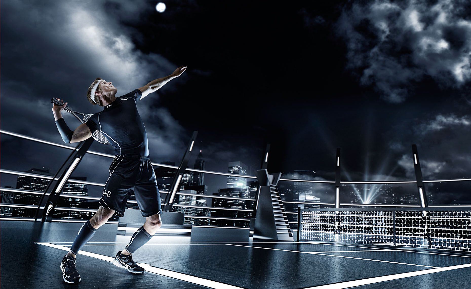Tennisspieler, Aufschlag, Stadion, Nacht, Flutlicht, HD, Hintergrund für den Desktop