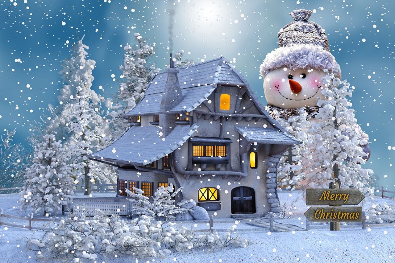 Schneemann, Verschneites Haus, Merry Christmas, Winterwald, Schneefall, HD, PC-Hintergrundbild