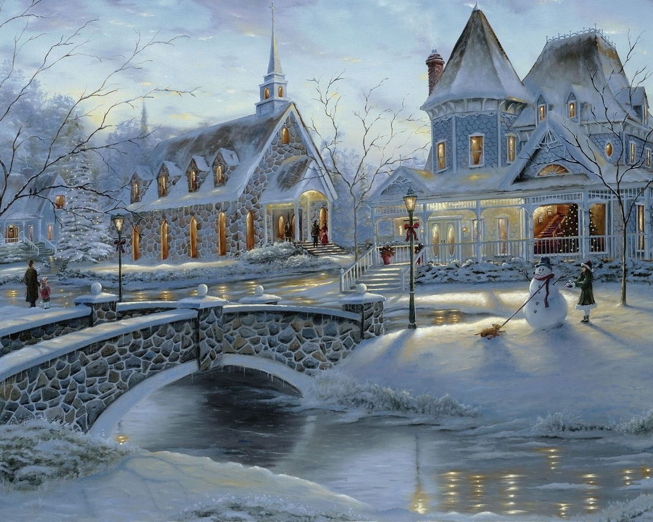 Winterdorf, Brücke, Viktorianische Häuser, Gemälde, Schnee, HD, Desktop-Hintergrund