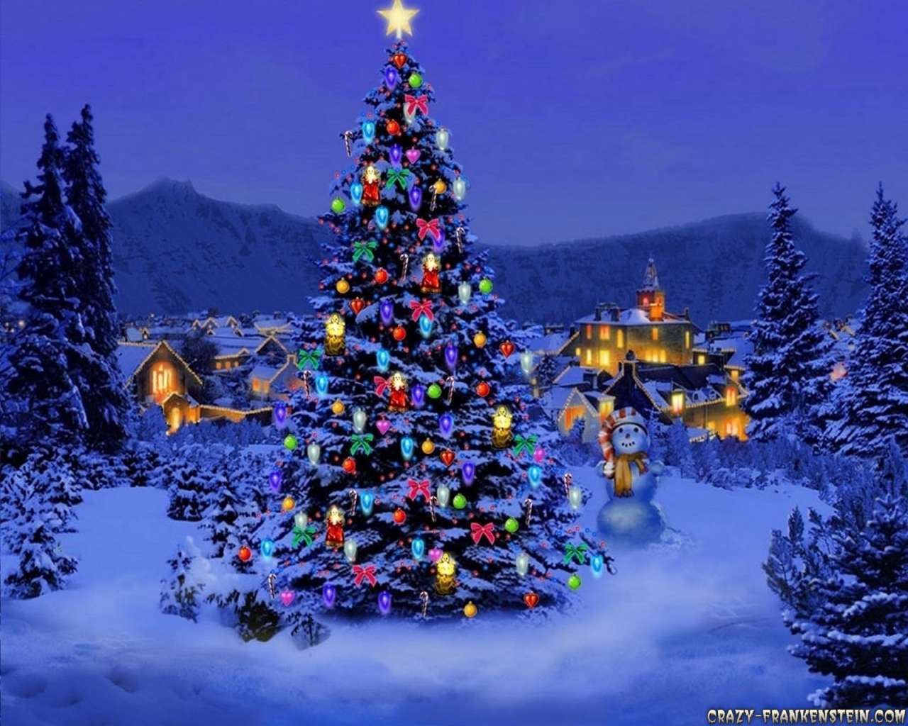 Weihnachtsbaum, Lichter, Winterdorf, Schnee, Nacht, HD, Hintergrundbild für den PC