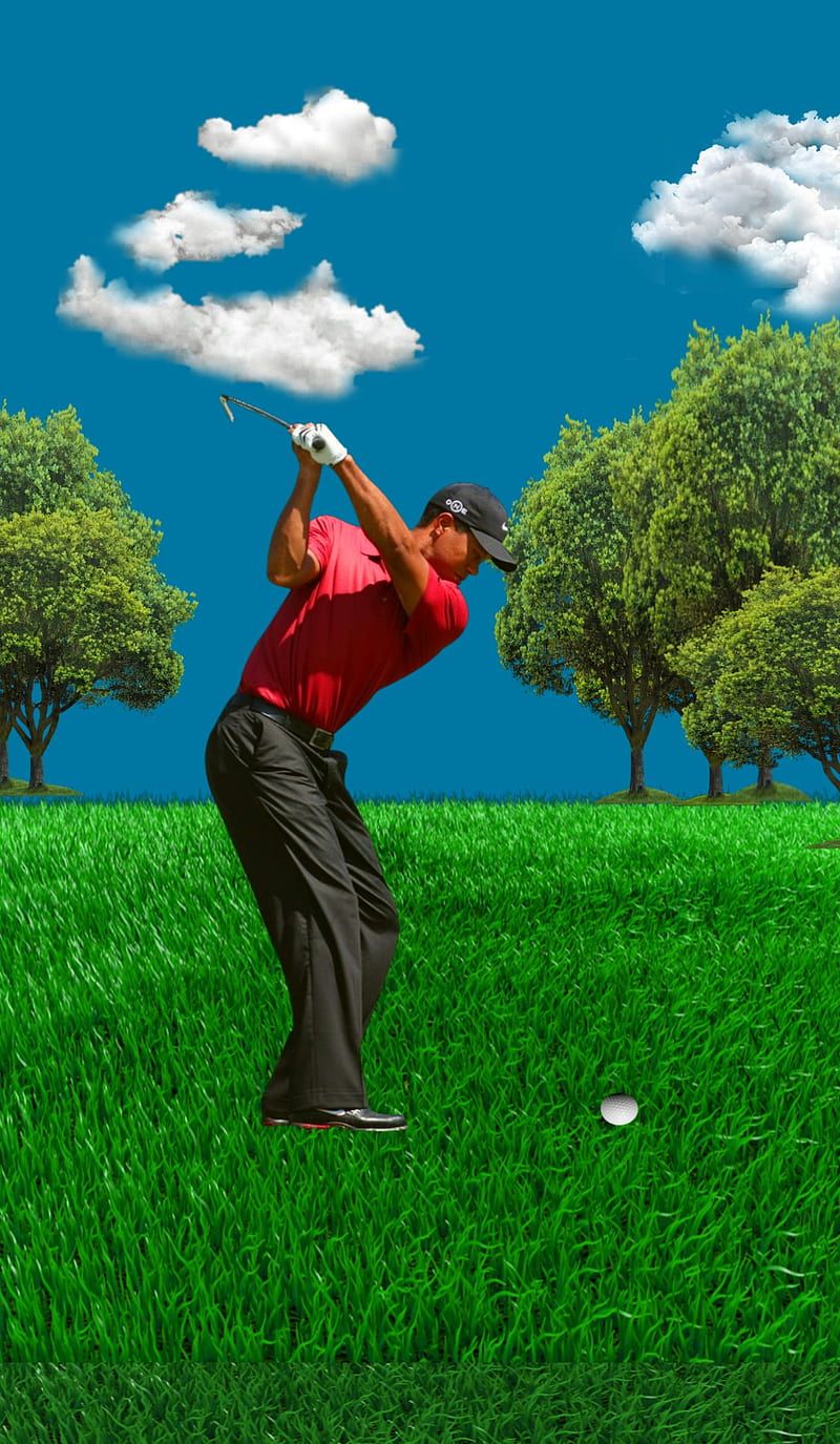 Golfer, Abschlag, Rotes Hemd, Wolken, Bäume, HD, Handy-Hintergrund im Hochformat