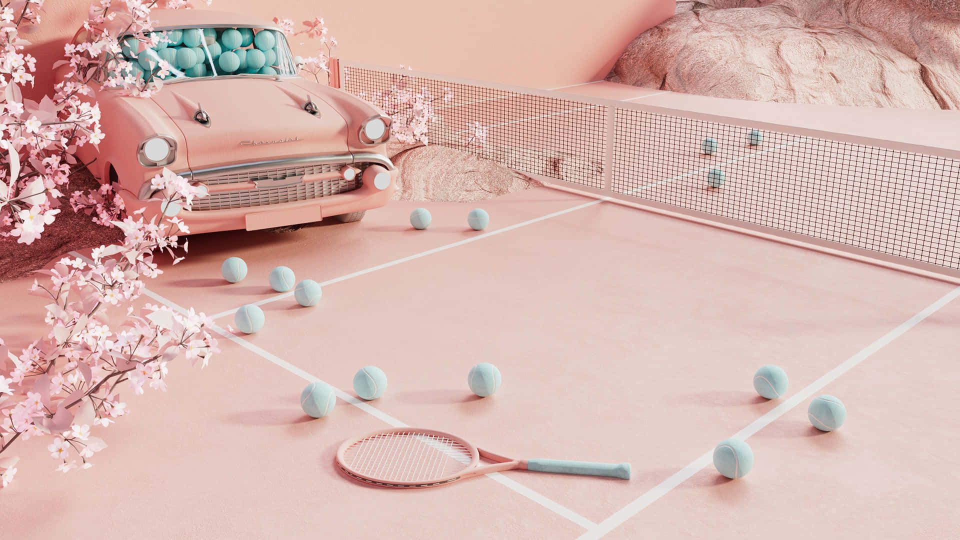 Tennisplatz, Oldtimer, Kirschblüten, Pastellrosa, Surreal, 3D-Rendering, Full HD, Windows-Hintergrundbild