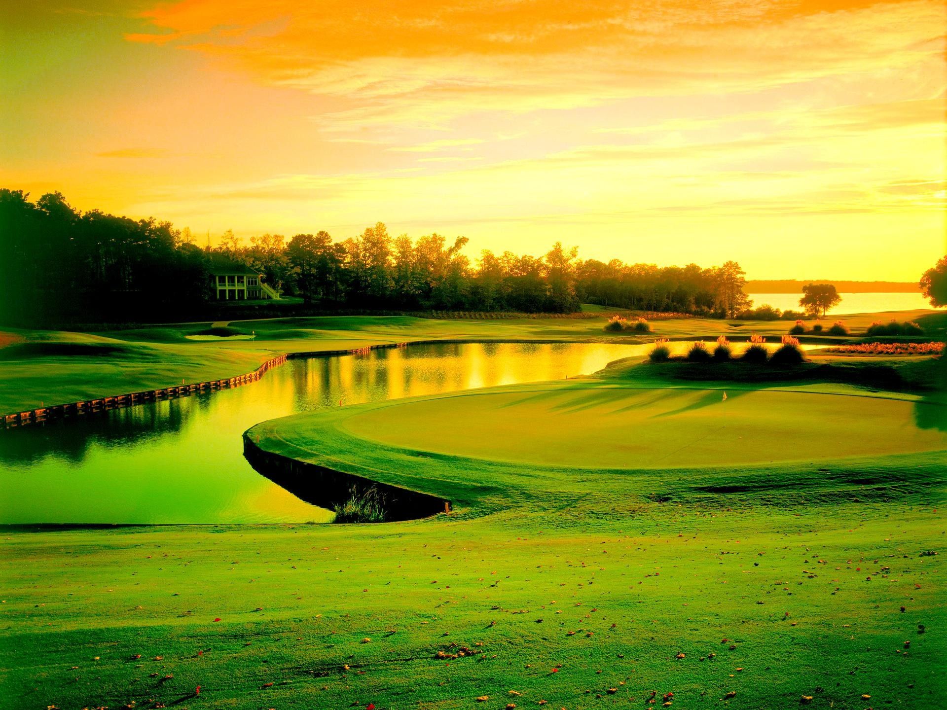 Golfplatz, Teich, Sonnenuntergang, Goldenes Licht, Full HD, iPad-Hintergrundbild