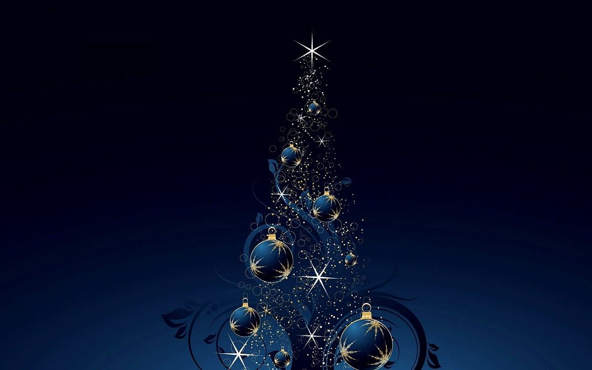 Weihnachtsbaum, Christbaumkugeln, Glitzer, Dunkelblauer Hintergrund, Minimalismus, Wallpaper