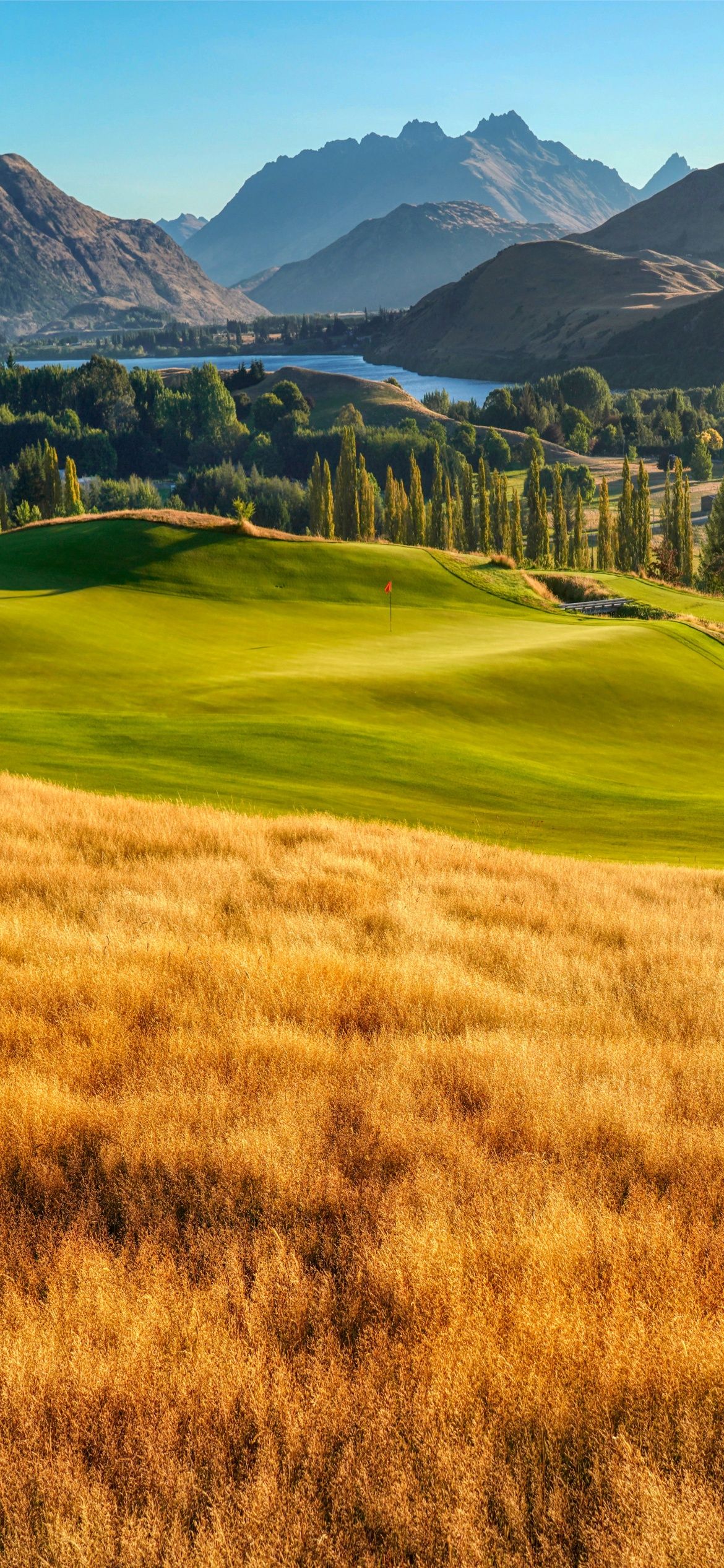 Golfplatz, Berge, Fairway, Trockenes Gras, Full HD, Sperrbildschirm fürs iPhone
