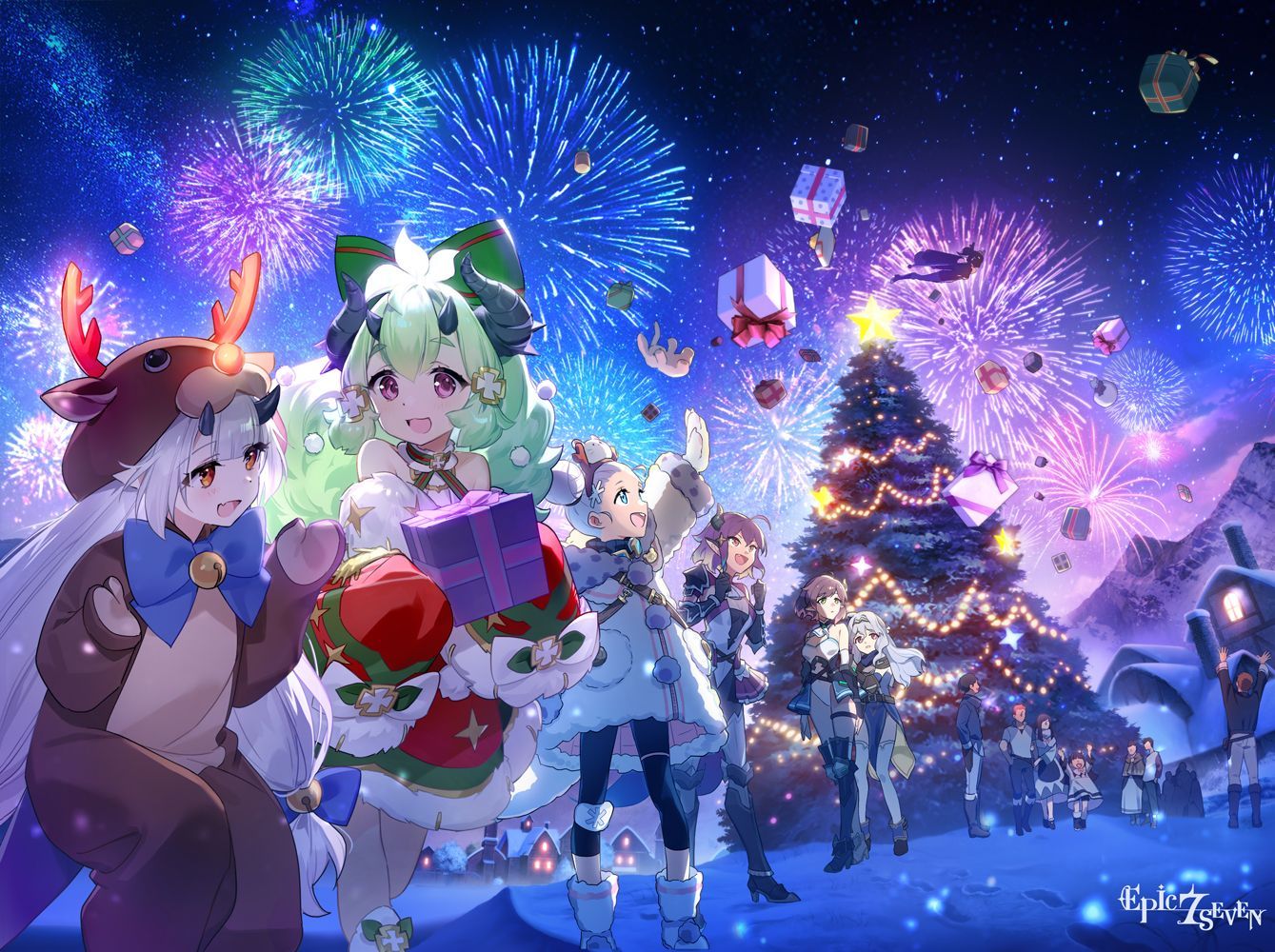 Anime-Mädchen, Feuerwerk, Weihnachtsbaum, Geschenk, Anime-Stil, Winternacht, Tablet-Hintergrund