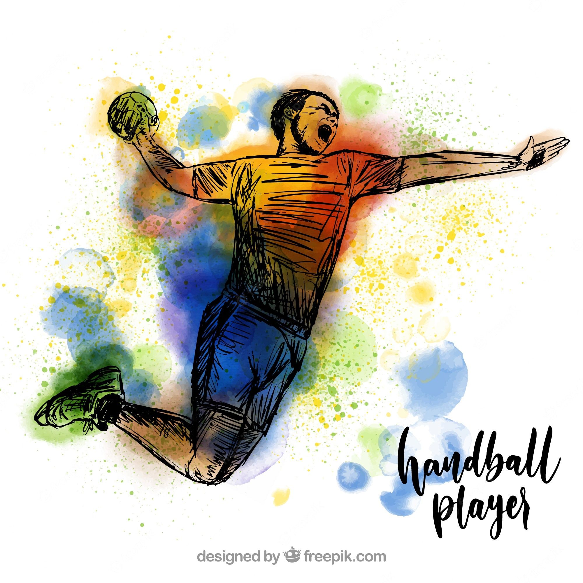 Handball Player, Aquarell, Sprungwurf, Illustration, Farbkleckse, Hintergrundbild fürs Tablet