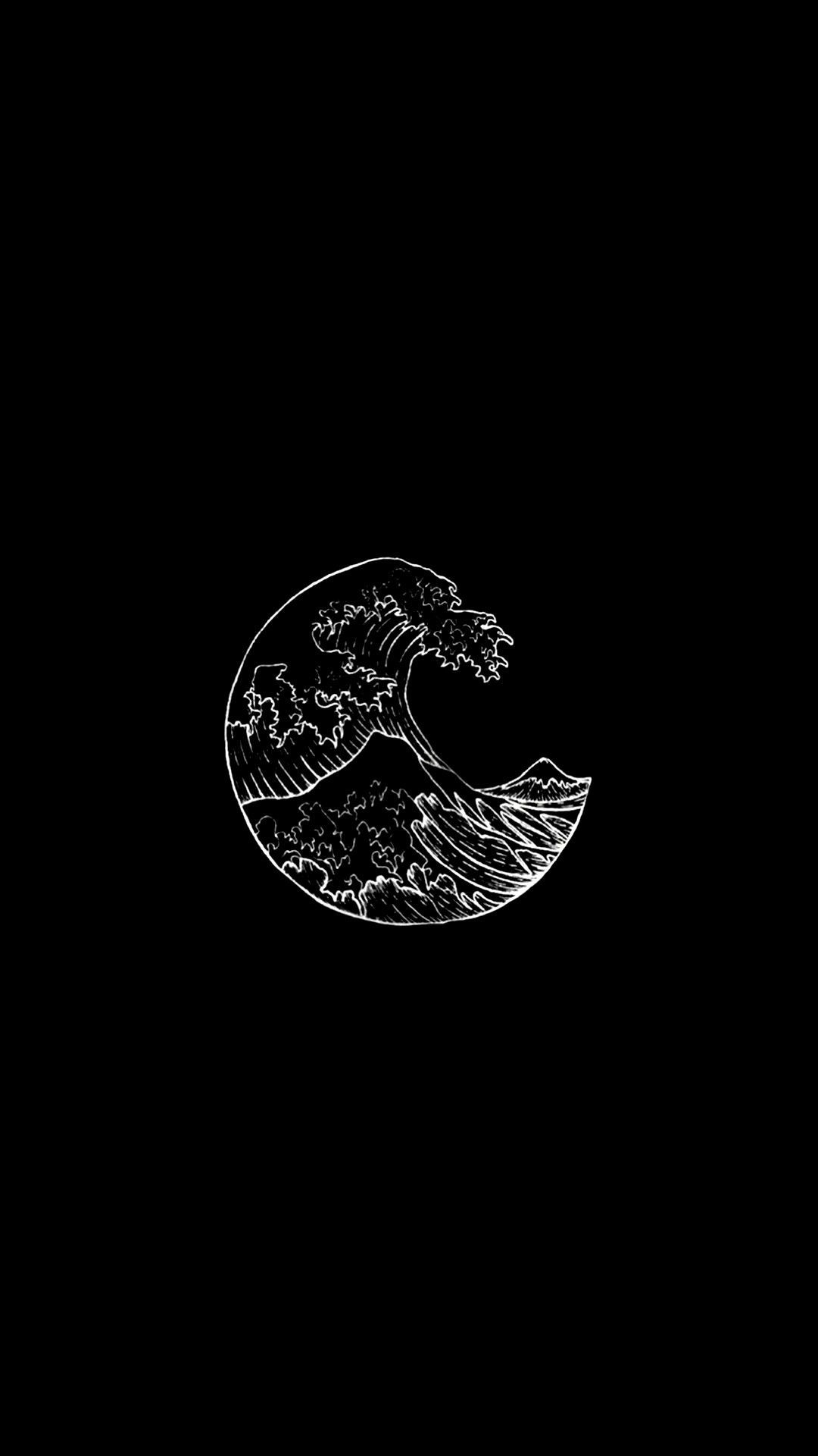 Die große Welle vor Kanagawa, Hokusai, Linienzeichnung, Schwarzer Hintergrund, Kreis, Sperrbildschirm