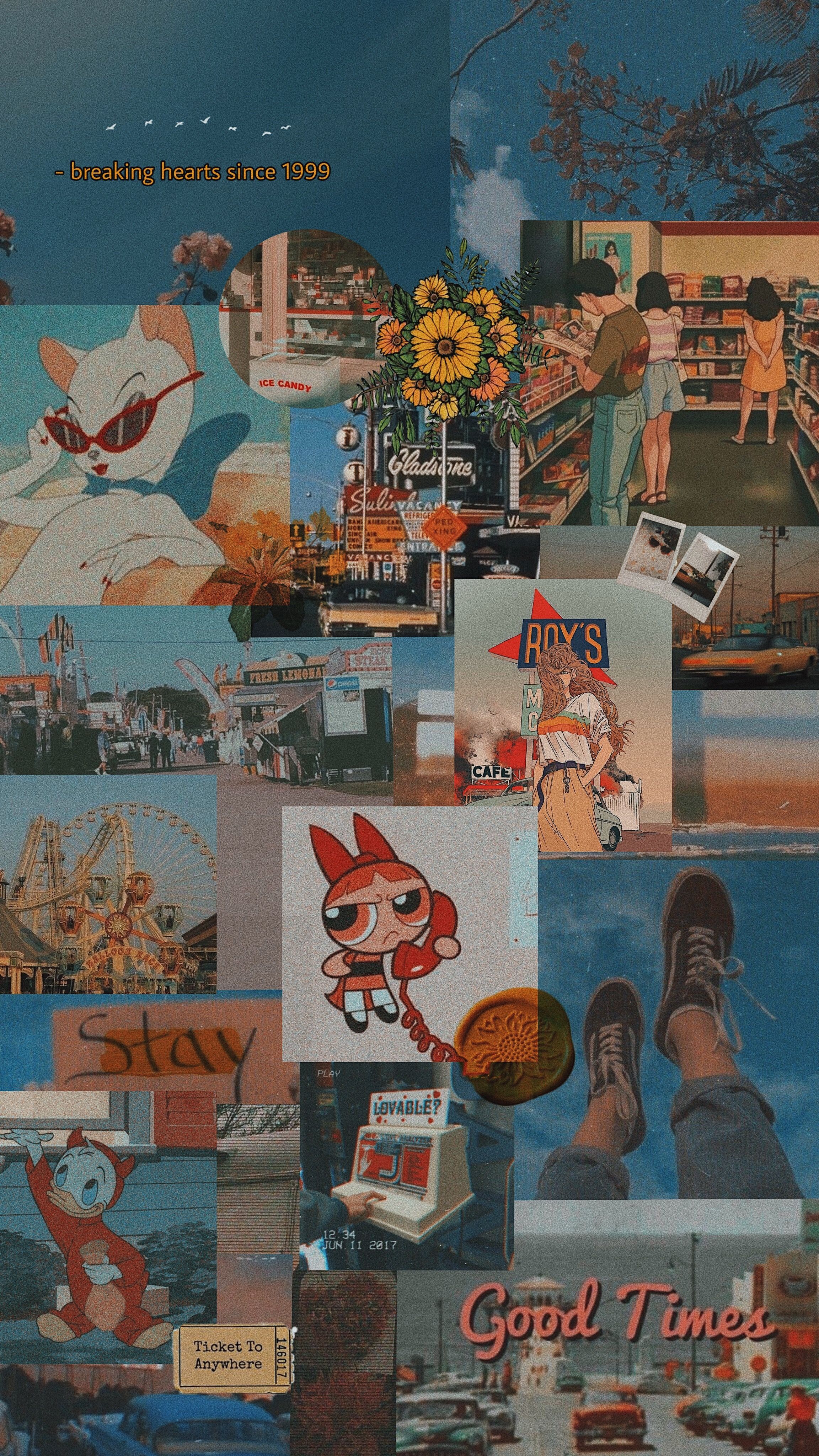 Collage, Vintage, Ästhetik, Blau-Orange, Fotos, QHD+, Sperrbildschirm fürs iPhone