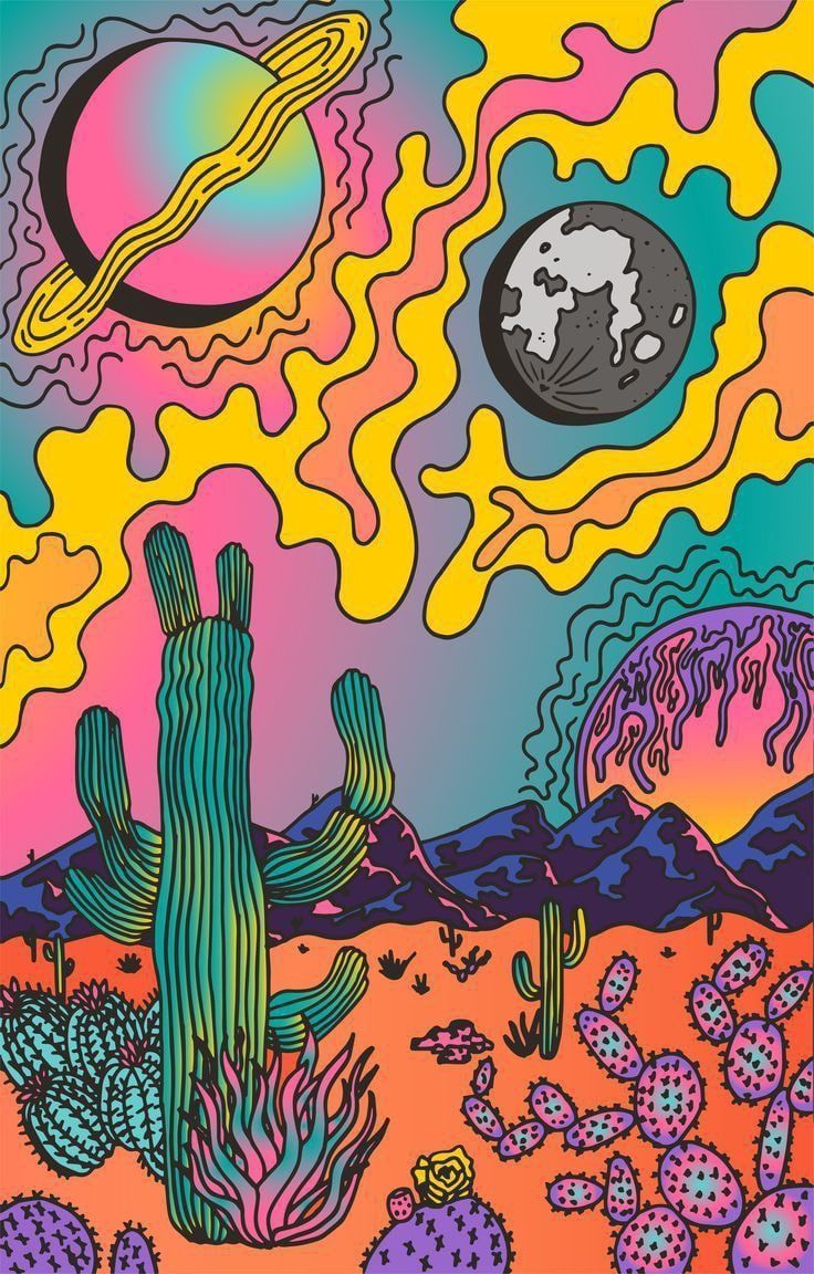 Wüste, Kakteen, Planeten, Fließende Farben, Illustration, Android-Hintergrundbild