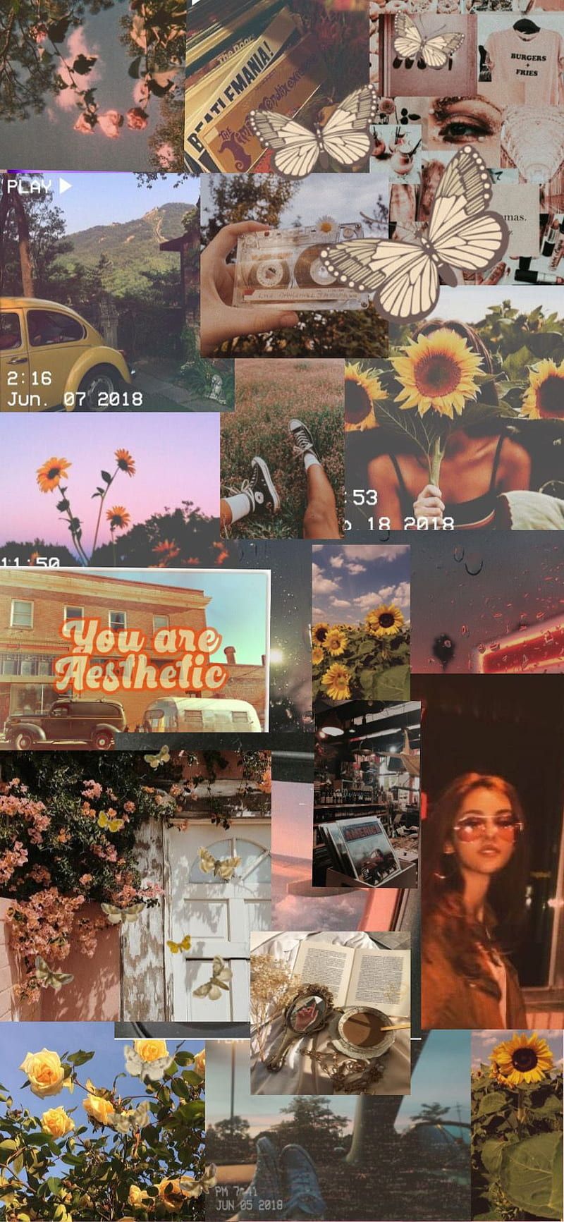 Collage, Vintage, Sonnenblumen, Ästhetik, Erdtöne, Hintergrundbild für iPhone und Android