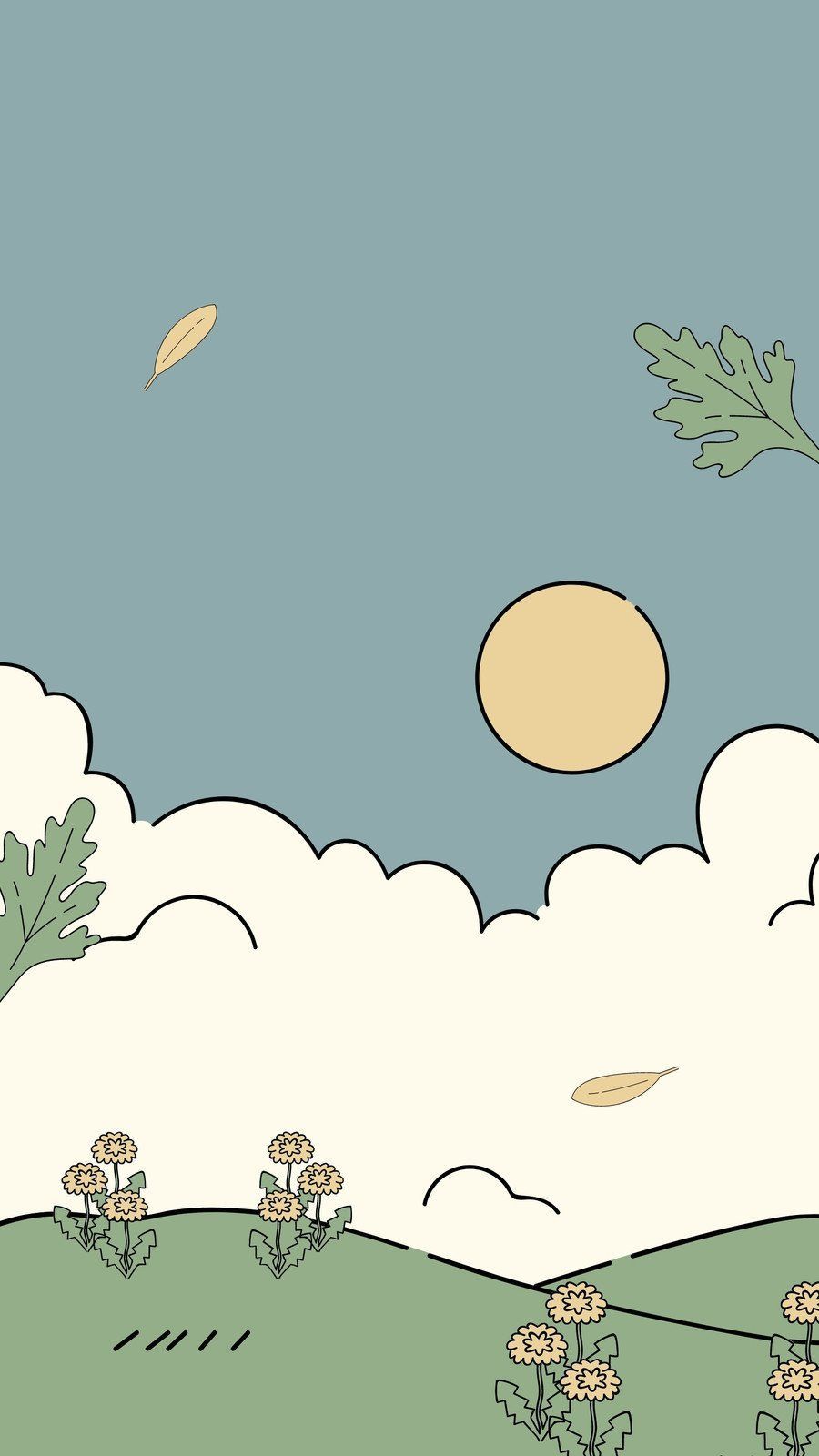 Landschaft, Sonne, Wolken, Illustration, Graugrün, HD, Handy-Hintergrund im Hochformat