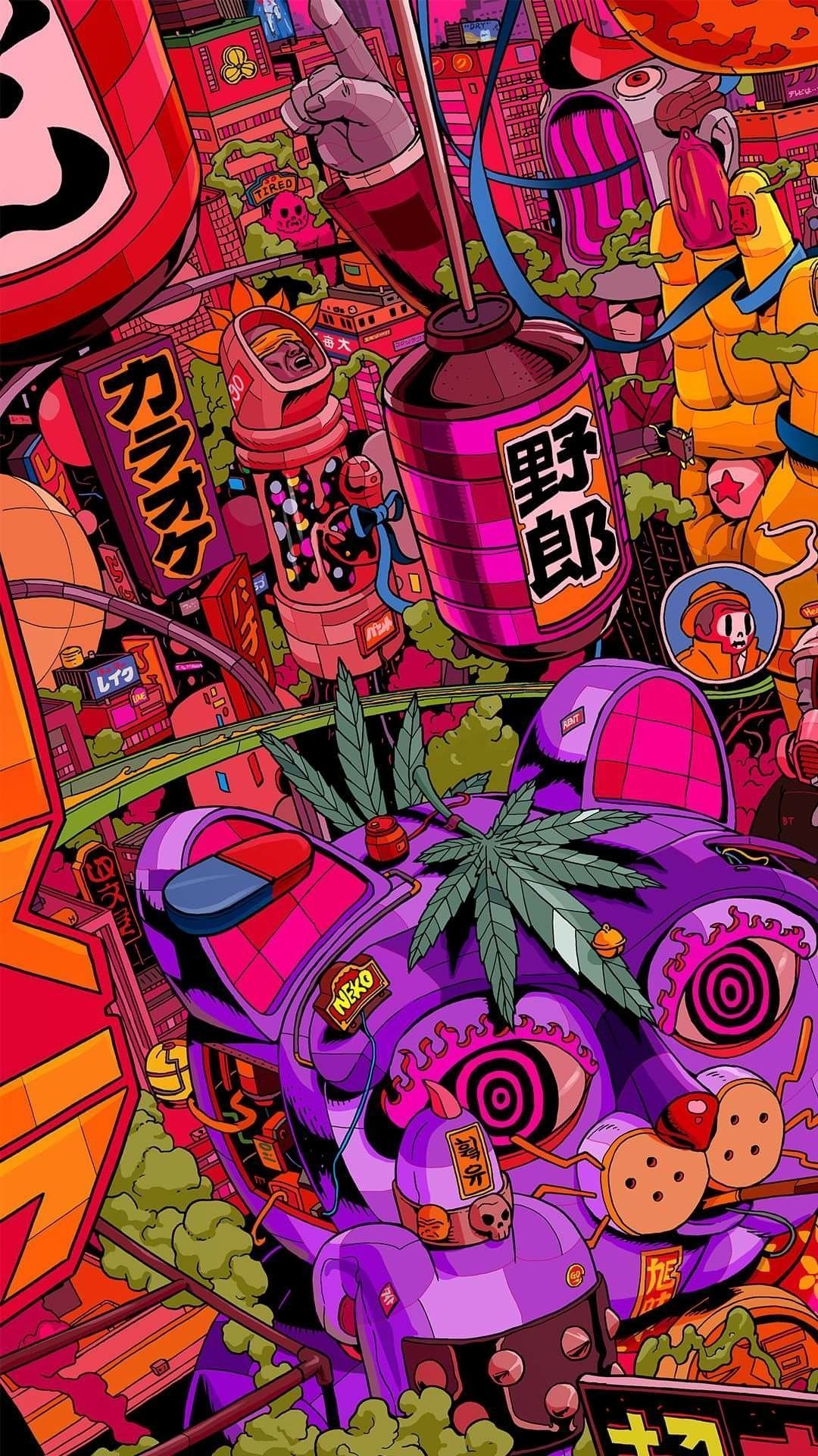 Neon-Collage, Pink und Lila, Japanische Schrift, Maximalistisch, Full HD, Handy-Hintergrundbild