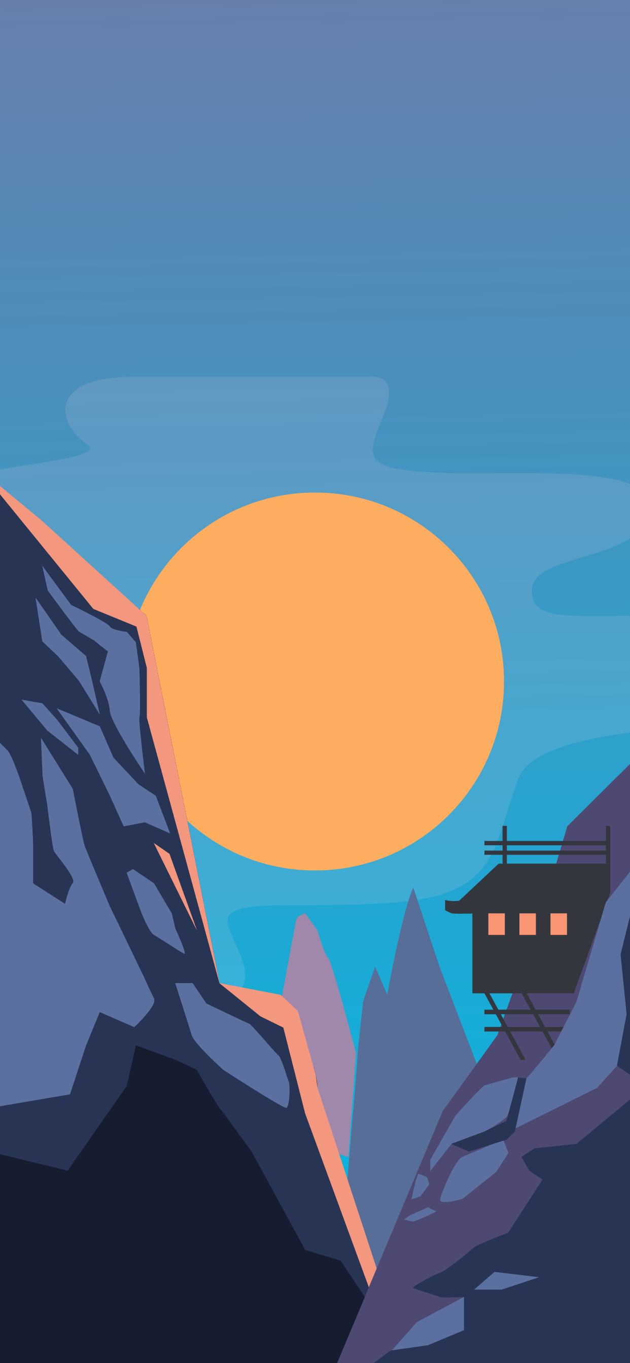 Sonne, Schlucht, Laterne, Illustration, Blau, Orange, Hochformat, Hintergrundbild fürs Smartphone