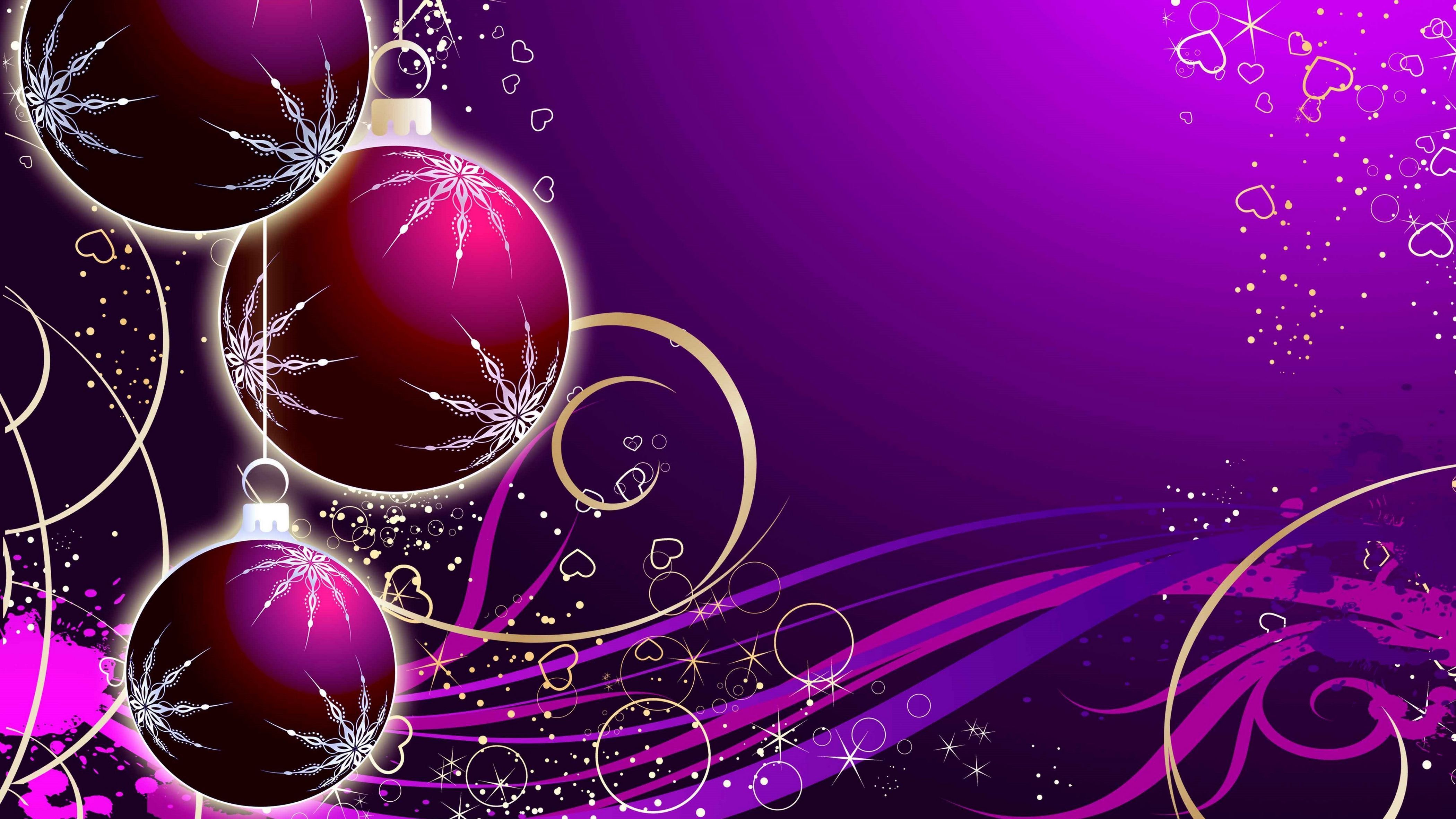 Christbaumkugeln, Lila Hintergrund, Ornamente, Schneeflocken, Grafik, 4K Wallpaper
