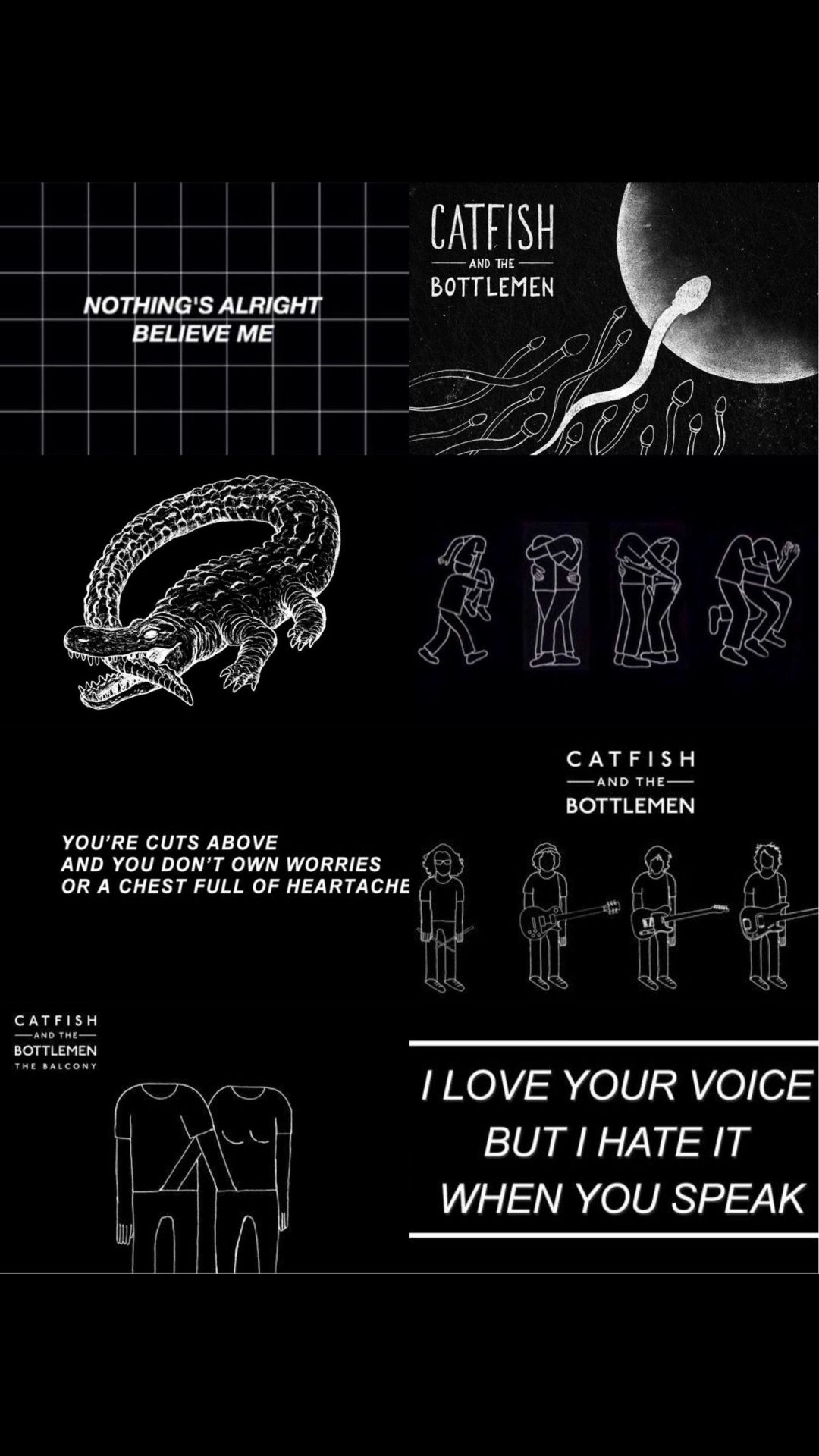 Catfish and the Bottlemen, Songtexte, Strichzeichnungen, Schwarzer Hintergrund, Indie, Sperrbildschirm