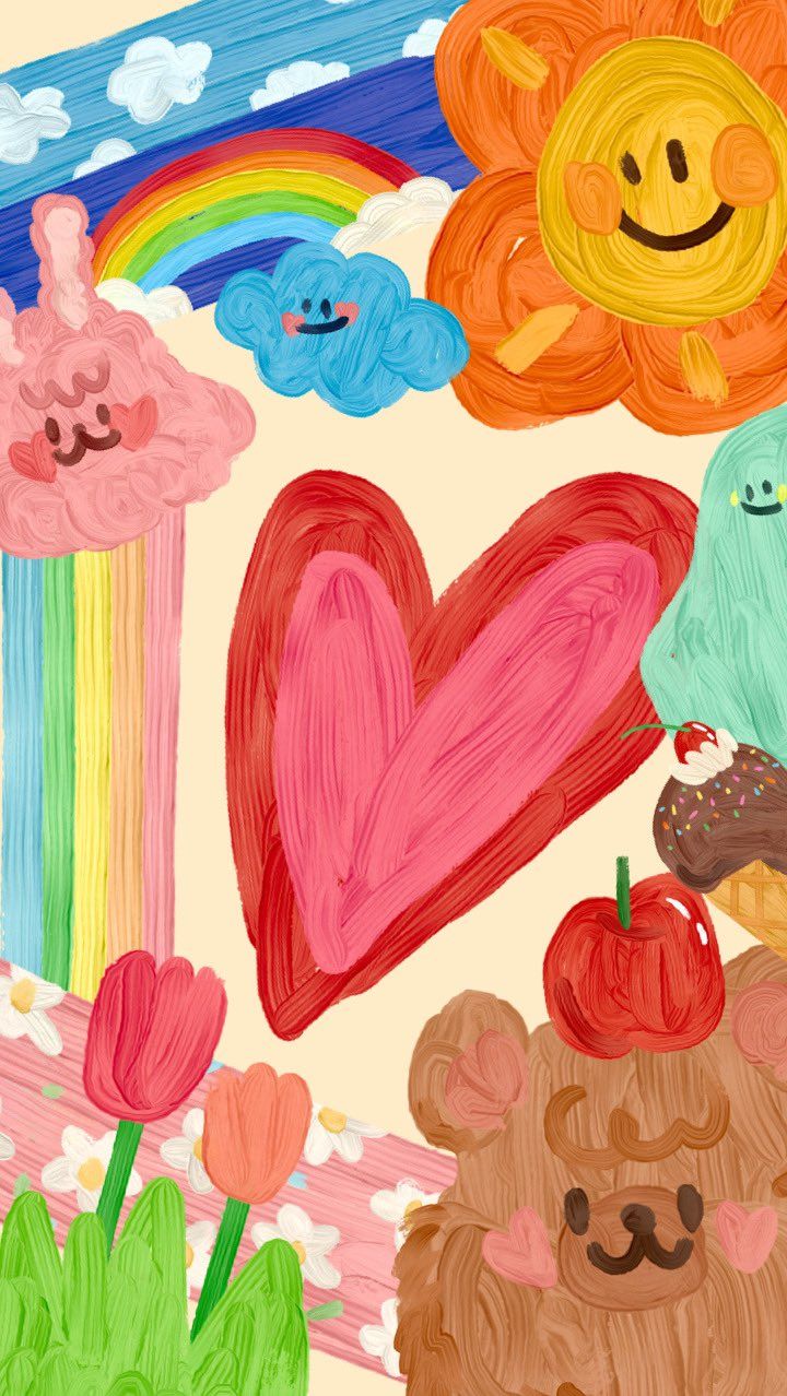 Herz, Regenbogen, Sonne, Kinderzeichnung, Buntstift, Bunt, HD, iPhone-Hintergrundbild