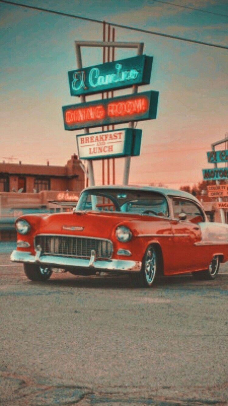 Chevrolet Bel Air, Oldtimer, Motel-Schild, 50er Jahre, Americana, 750x1334, Handy-Hintergrund