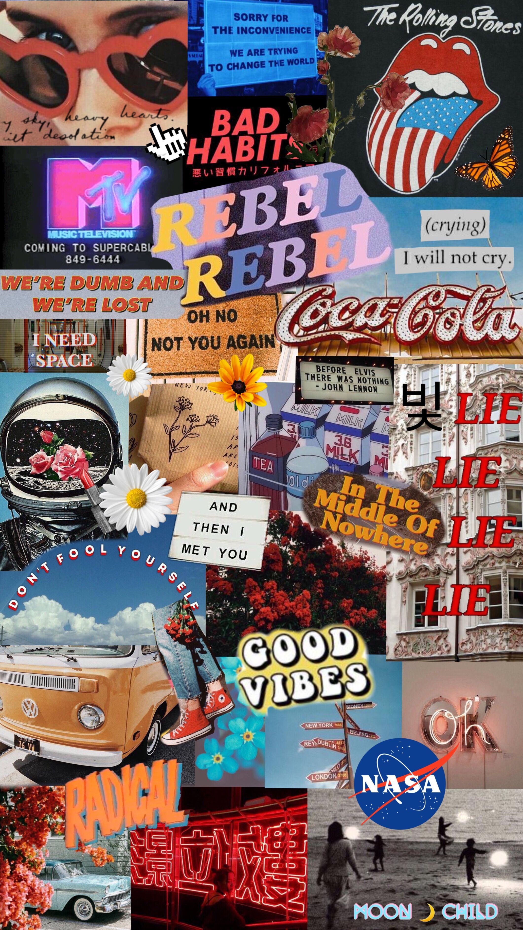 Collage, Coca-Cola, NASA, Popkultur, Aufkleber, Hochformat, Hintergrundbild fürs Smartphone