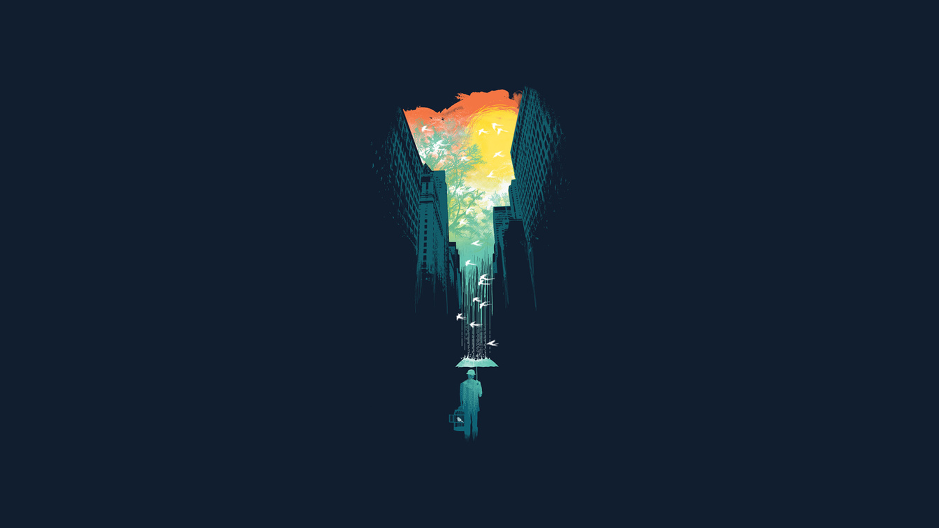 Wasserfall, Mensch, Silhouette, Bunt, Dunkelblau, Illustration, 1920x1080, Desktop-Hintergrund