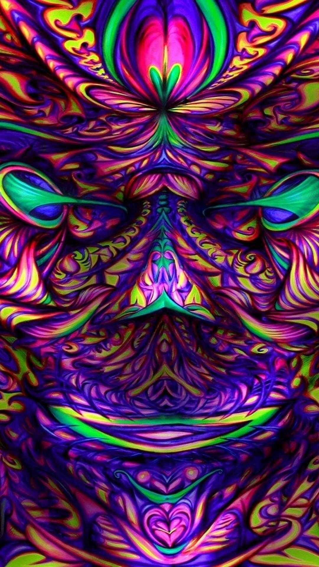 Fraktal, Symmetrie, Lila und Grün, Gesicht, Visionäre Kunst, Full HD, iPhone-Hintergrundbild