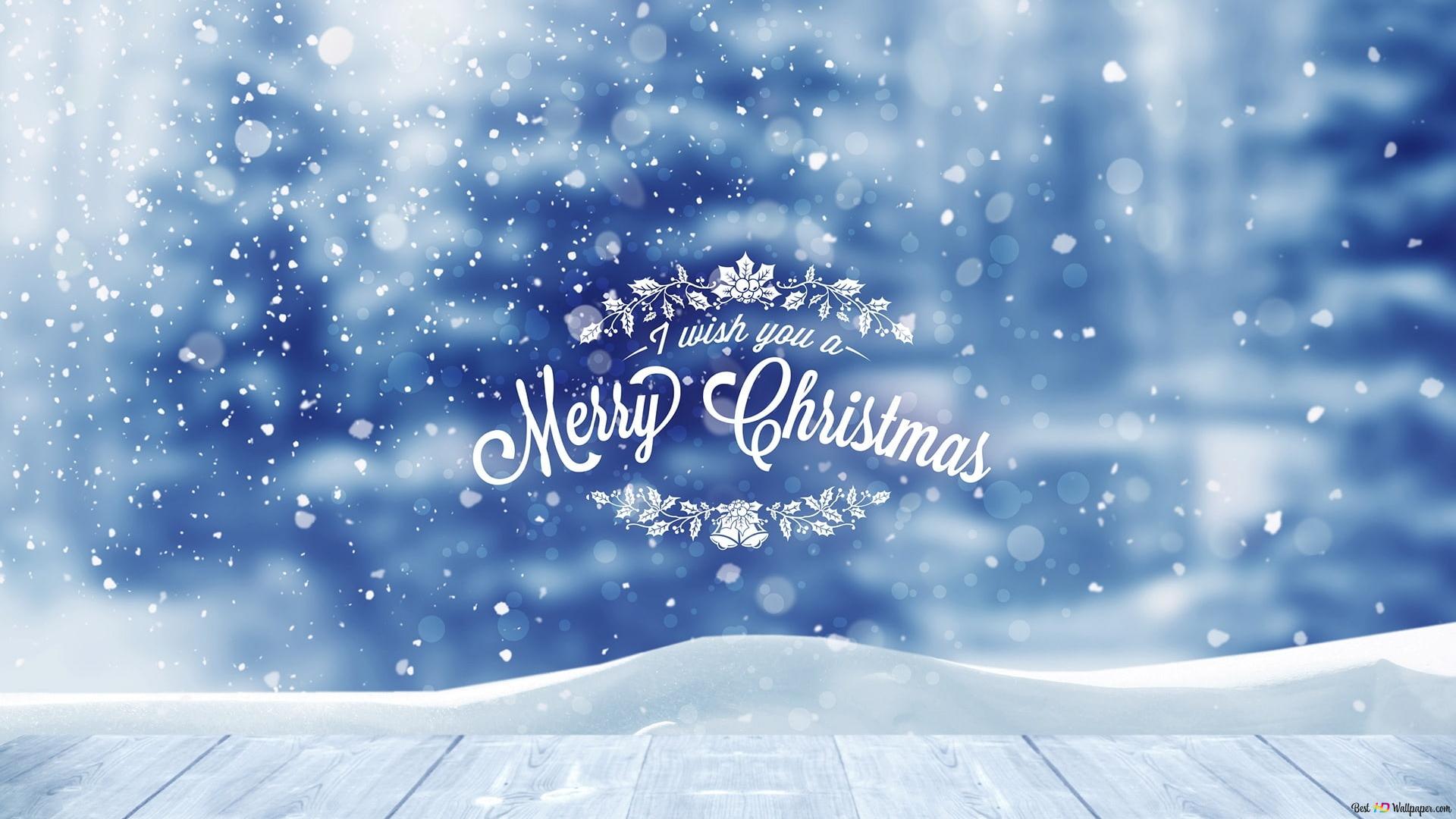 Merry Christmas, Schneefall, Winterwald, Schriftzug, Blau, Full HD, Breitbild-Hintergrundbild