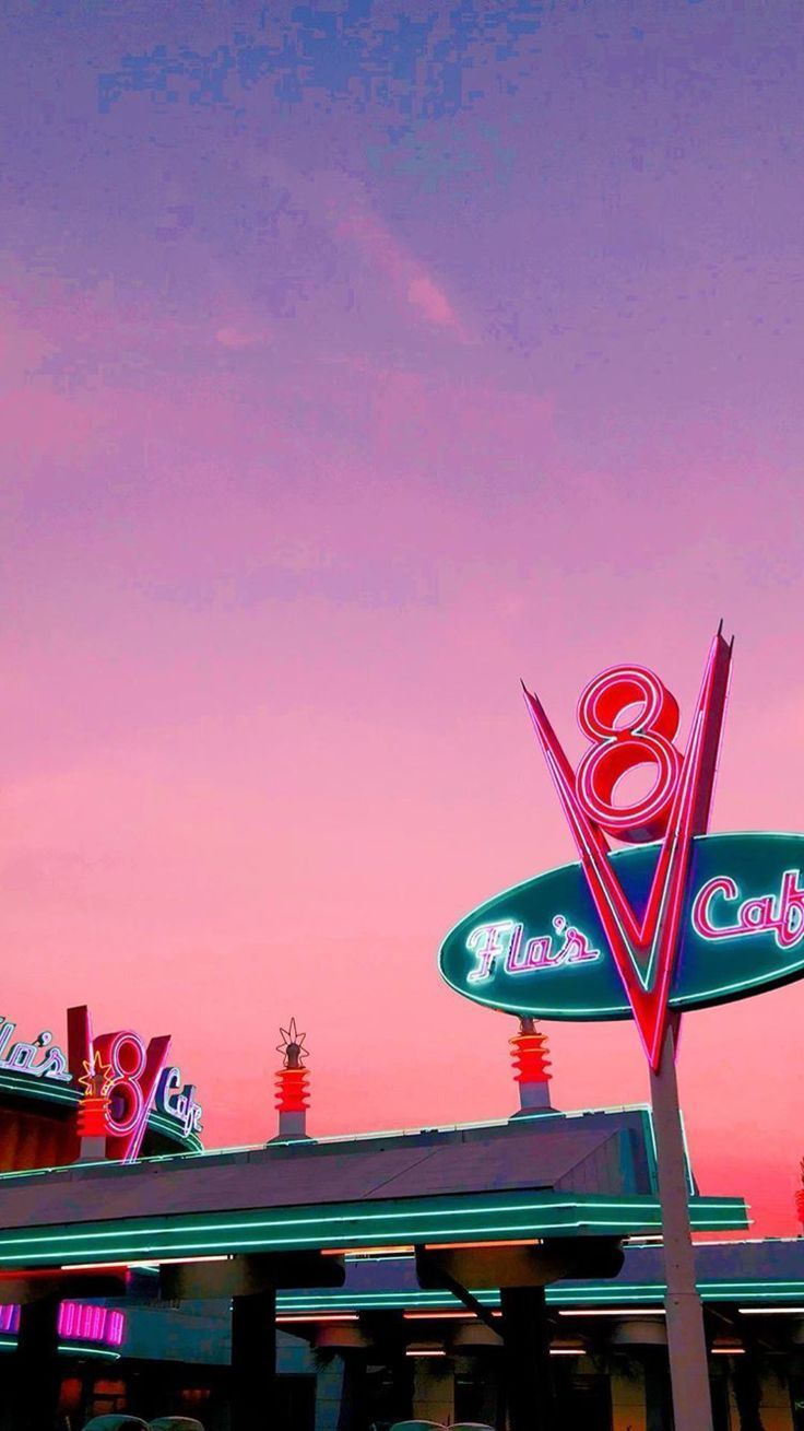 Diner, Neonschild, Rosa Himmel, 50er Jahre, Dämmerung, HD, Handy-Hintergrund im Hochformat