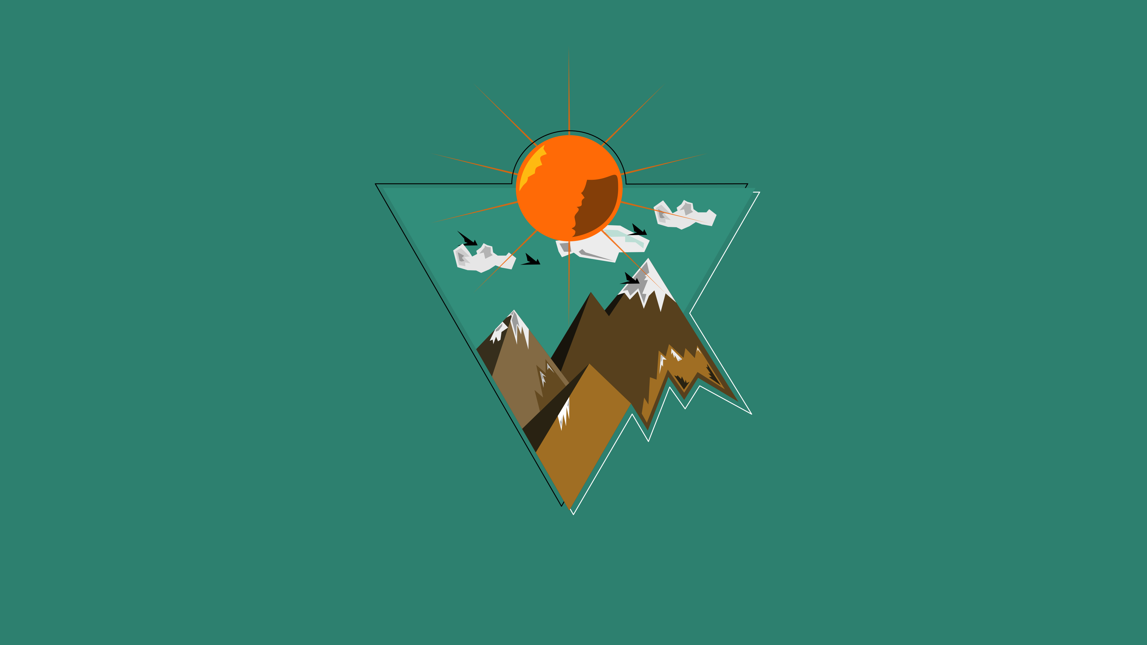 Dreieck, Berge, Sonne, Wolken, Grün, Illustration, 16:9, 4K-Hintergrundbild für den Desktop