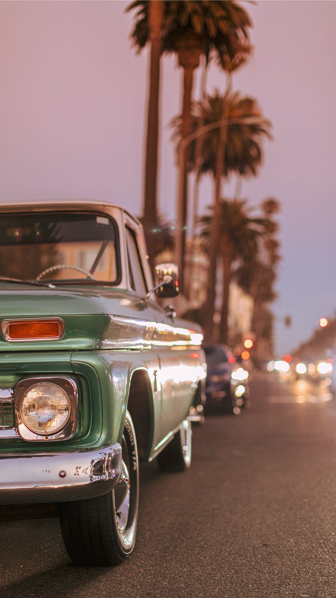 Oldtimer, Pick-up, Palmen, Straße, Sonnenuntergang, Full HD, Hintergrundbild fürs Handy