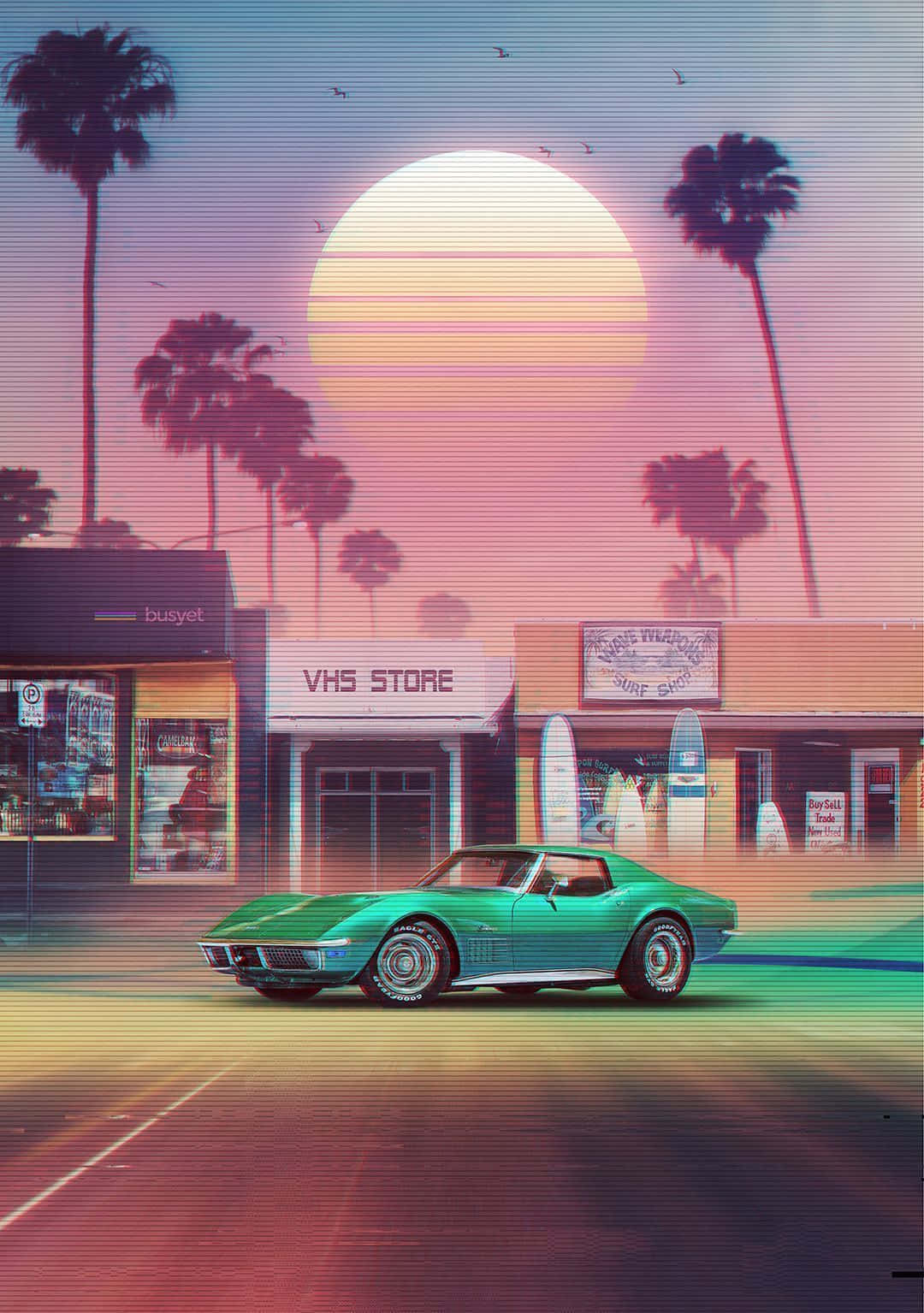 Synthwave, Sportwagen, Palmen, Sonnenuntergang, 80er Jahre, Hintergrundbild fürs Tablet