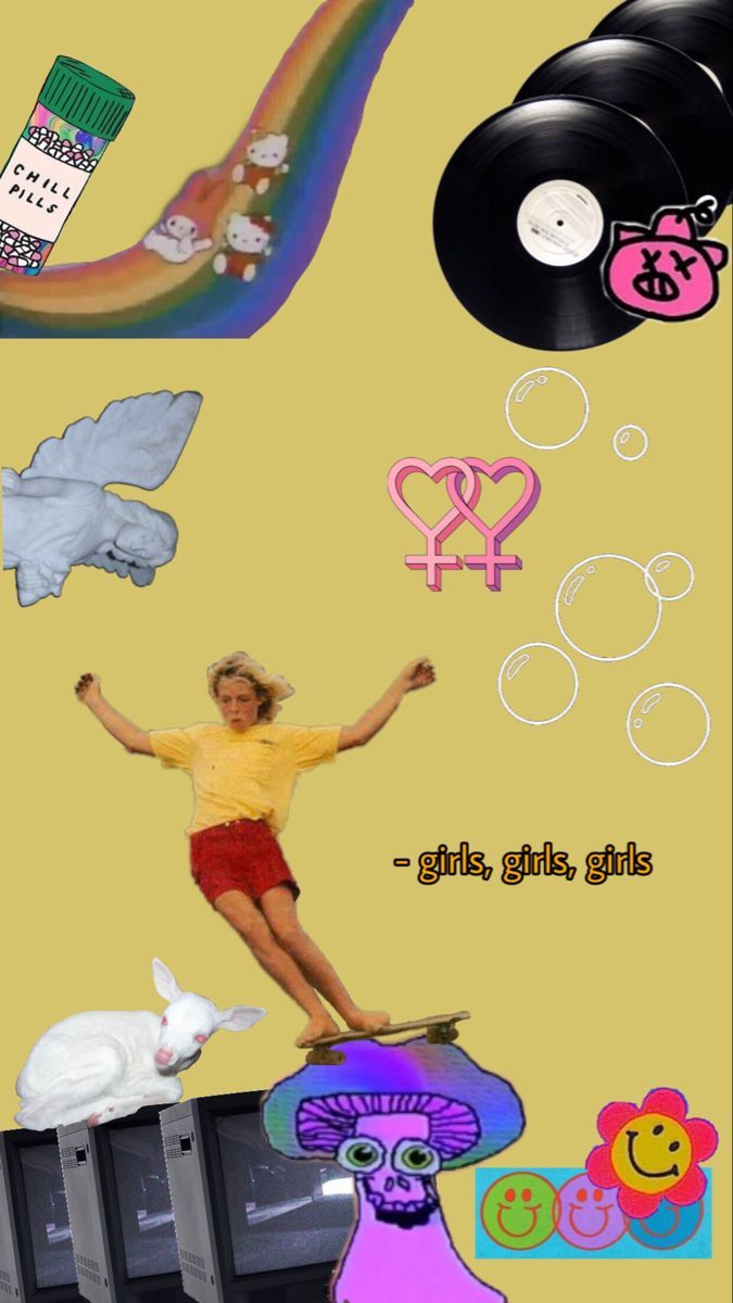 Collage, Schallplatten, Retro, Gelb, Illustration, Hintergrundbild für iPhone und Android