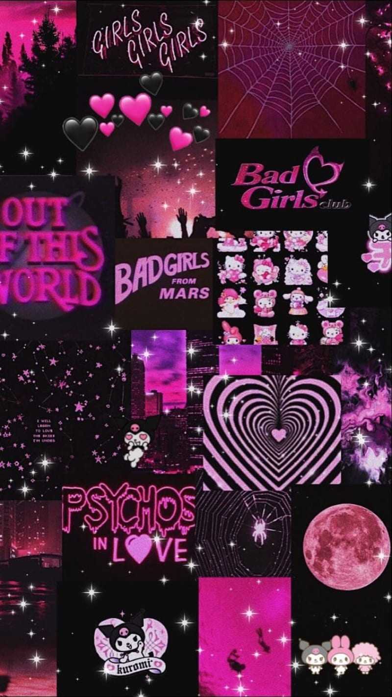 Collage, Pink, Schwarz, Bad Girls, Herzen, Y2K, HD, Handy-Hintergrund im Hochformat