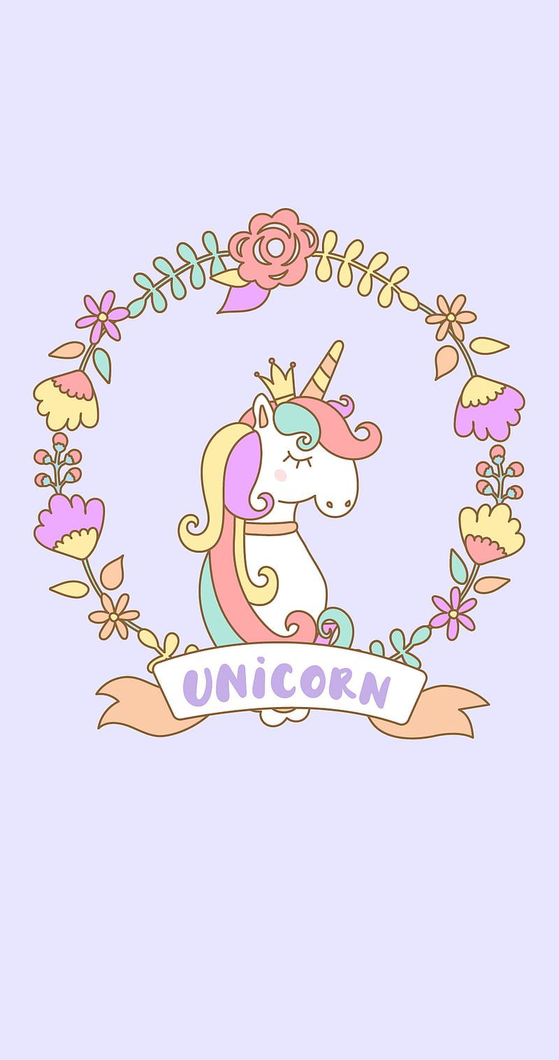 Einhorn, Blumenkranz, Illustration, Pastell, Lila Hintergrund, Sperrbildschirm fürs iPhone
