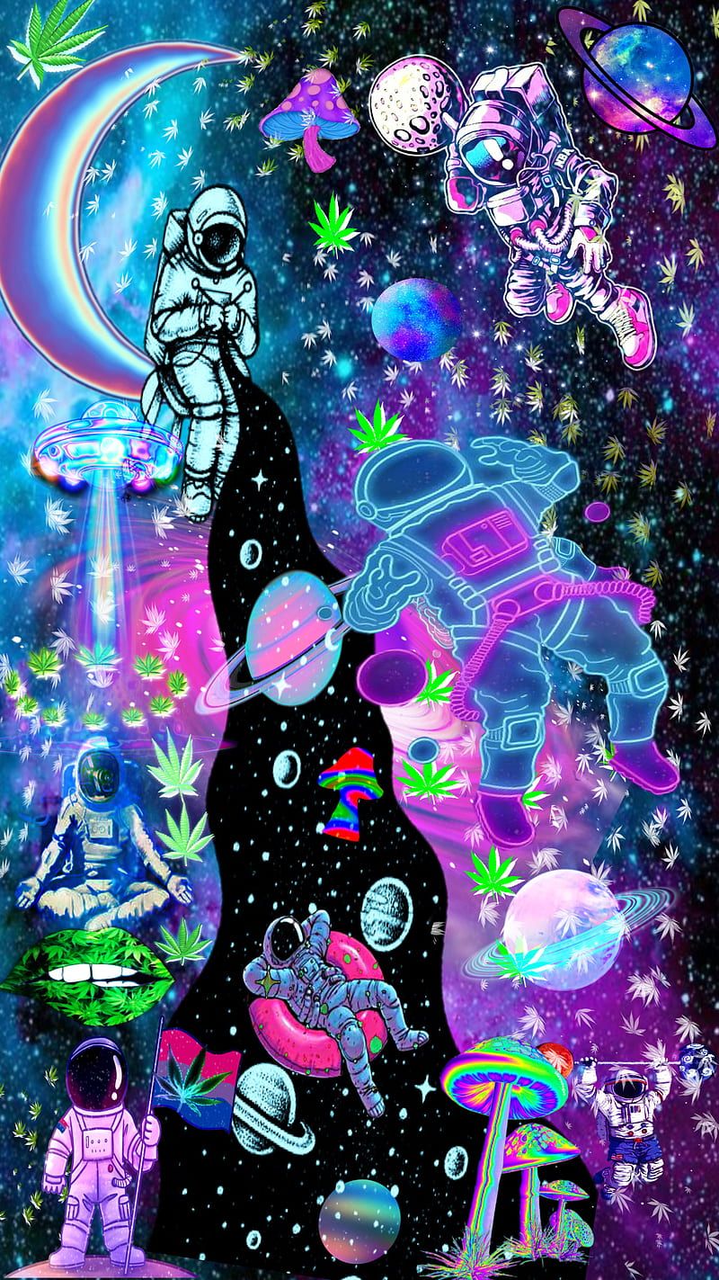 Astronaut, Weltall, Neonfarben, Mond, Fantasie, Hochformat, Hintergrundbild fürs Smartphone