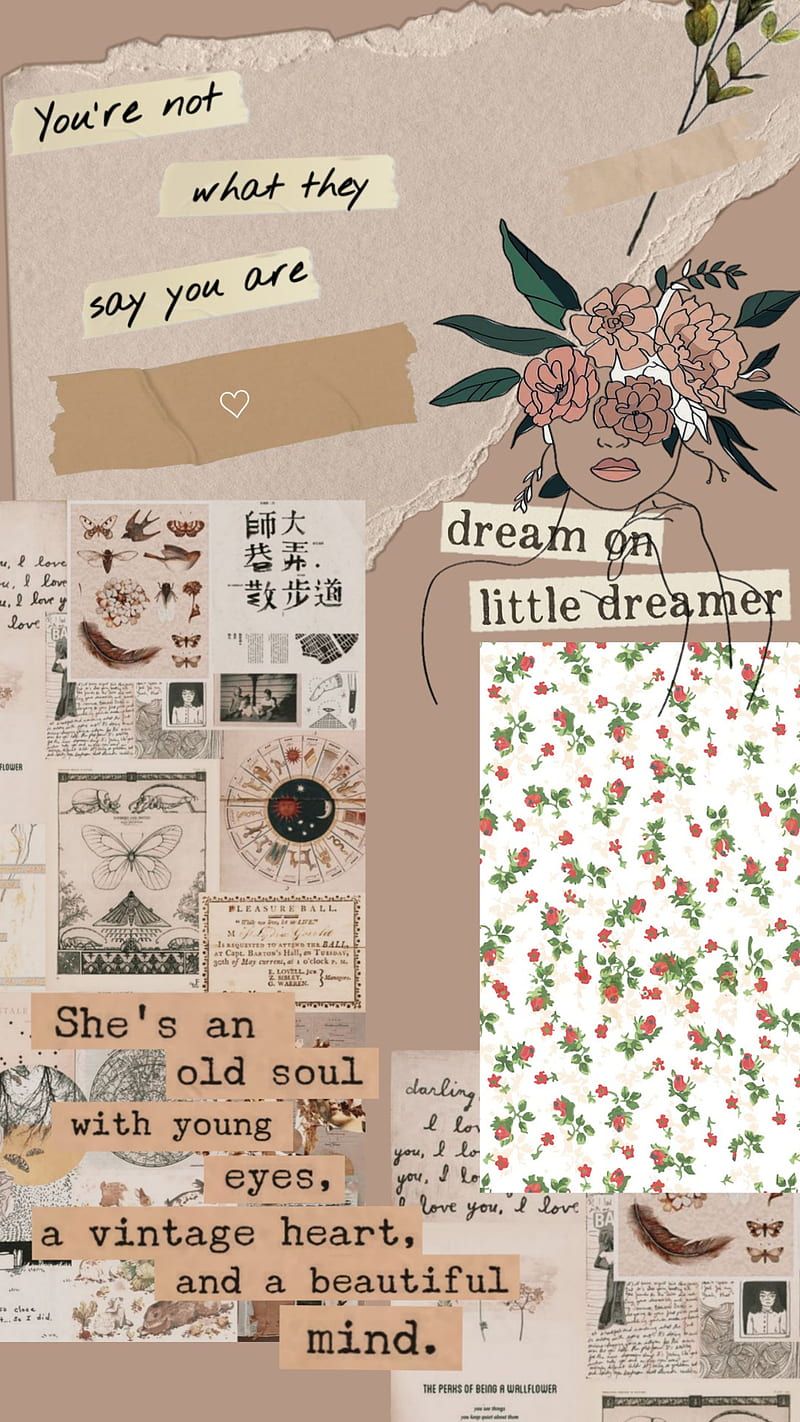 Collage, Zeitungsschnipsel, Blumen, Sprüche, Beige, Hintergrundbild für iPhone und Android