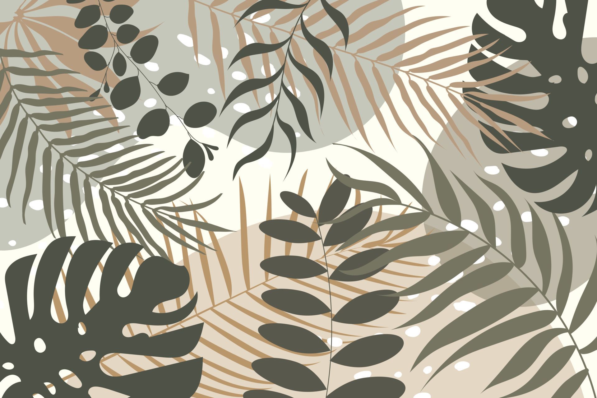 Monstera, Palmblätter, Muster, Boho, Erdtöne, Illustration, Full HD, Desktop-Hintergrund