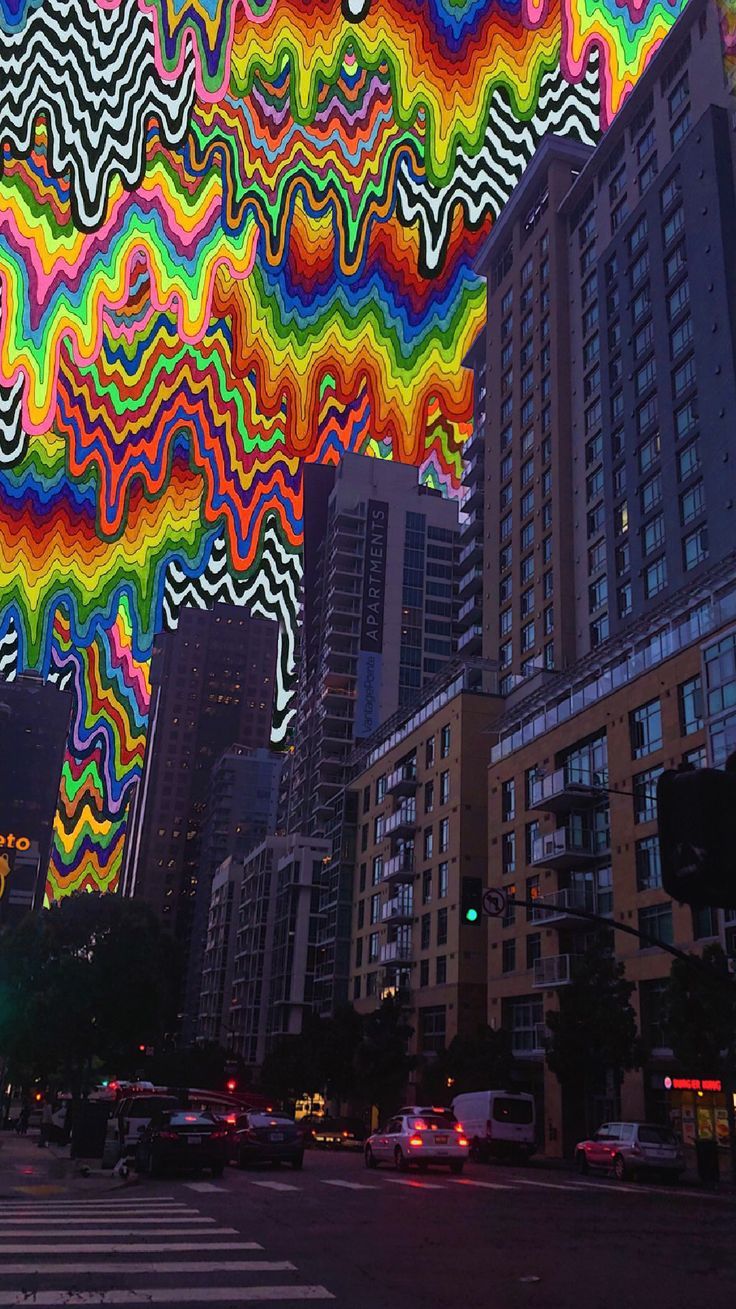 Stadt, Wolkenkratzer, Glitch-Himmel, Regenbogenwellen, HD, Sperrbildschirm fürs iPhone