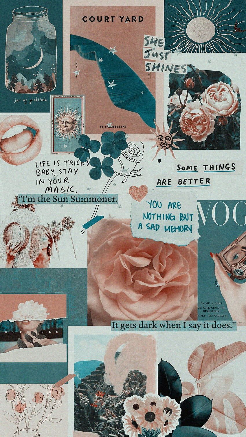 Collage, Türkis, Rosen, Ästhetik, Sprüche, HD, Hintergrundbild fürs Handy