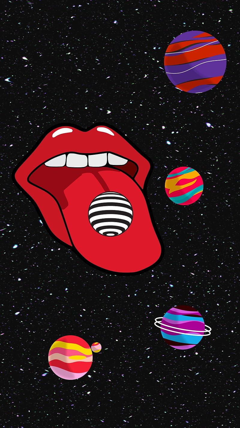 Lippen, Zunge, Planeten, Weltall, Pop-Art, Hochformat, Hintergrundbild fürs Smartphone
