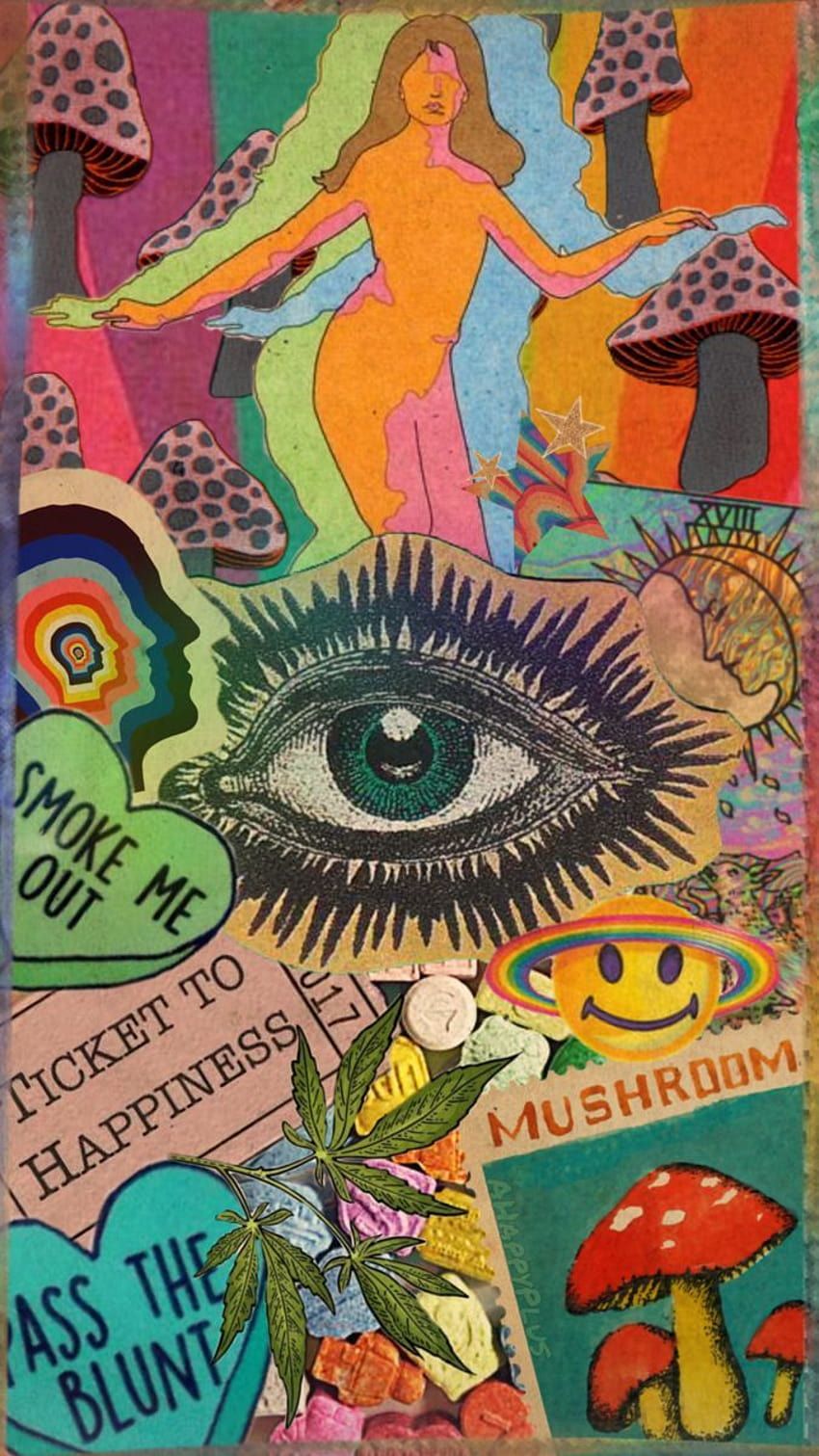 Collage, Auge, Pilze, Vintage, Hippie, HD, Handy-Hintergrund im Hochformat